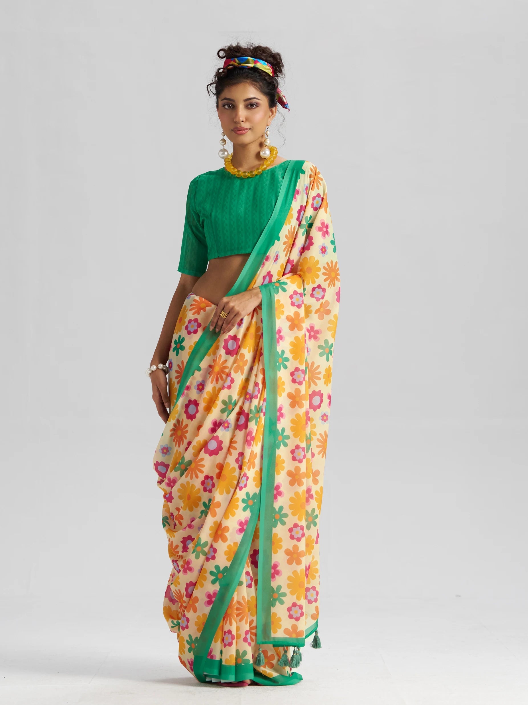 RETRO STYLE DIGITAL PRINTED YELLOW & GREEN GEORGETTE SAREE