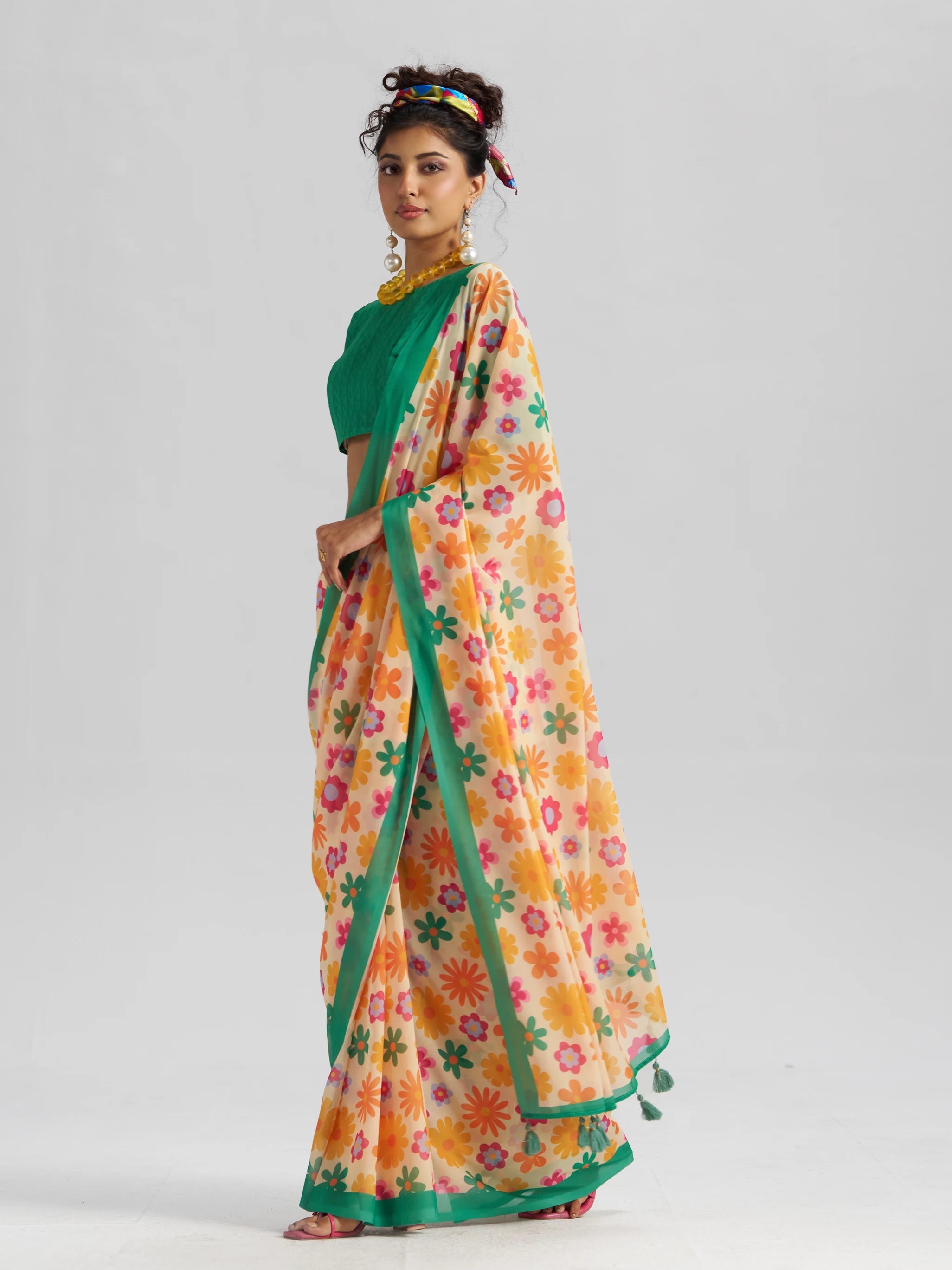 RETRO STYLE DIGITAL PRINTED YELLOW & GREEN GEORGETTE SAREE