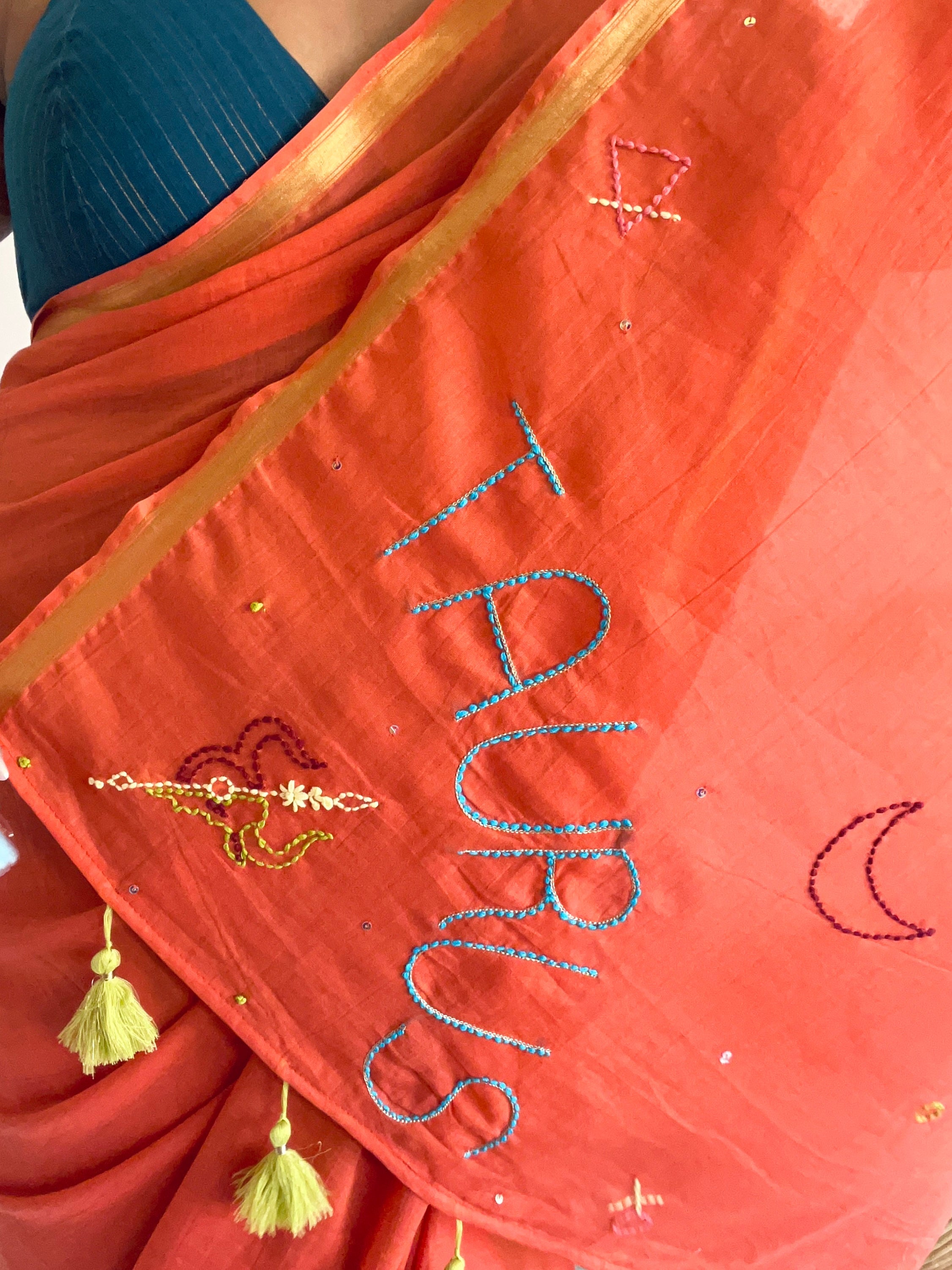 RITWIKA SARKAR IN VISCOSE MUL TAURUS VEDIC ZODIAC HAND EMBROIDERED SAREE