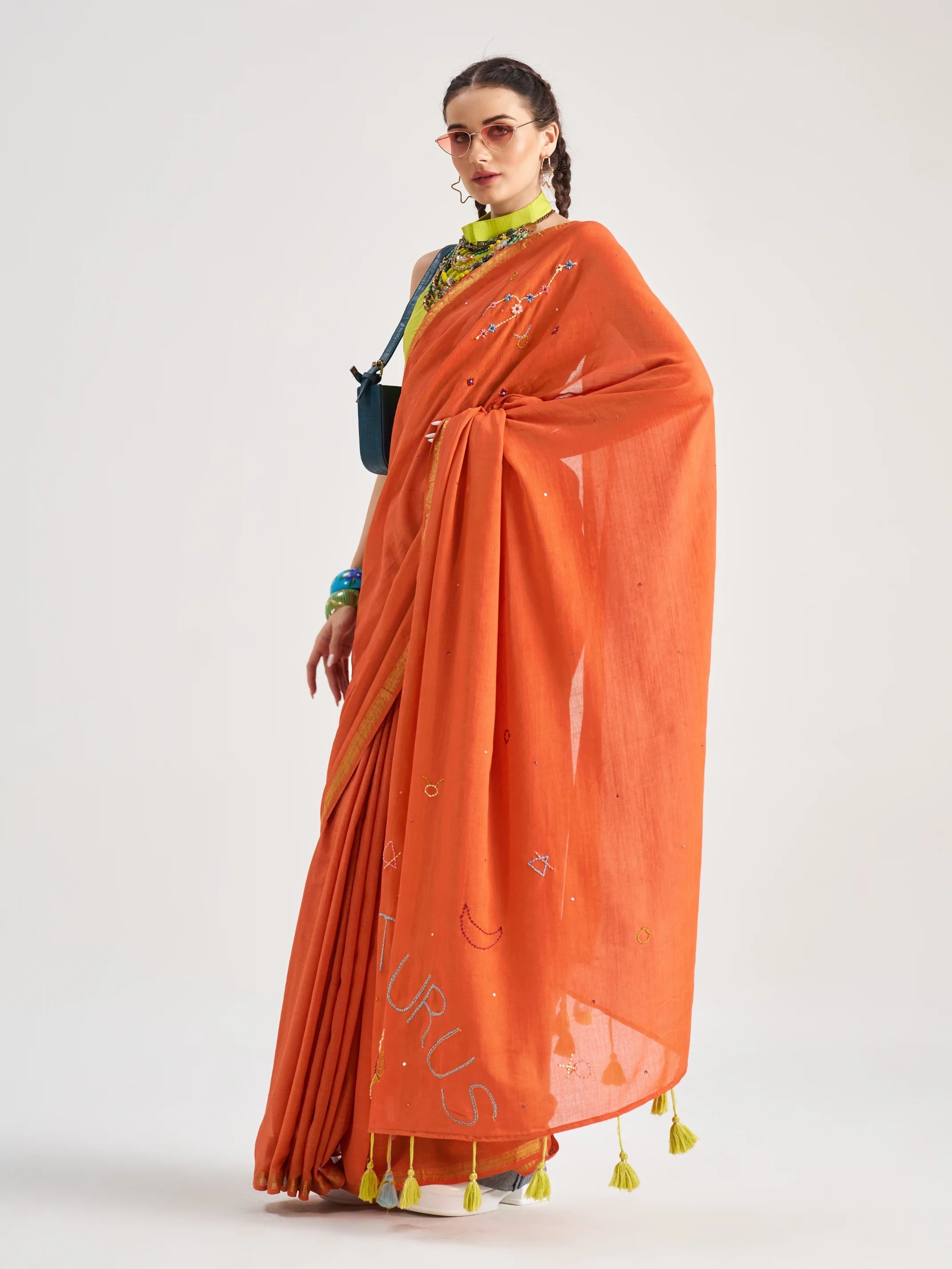 RUST ORANGE VISCOSE MUL TAURUS VEDIC ZODIAC THREAD WORK SAREES