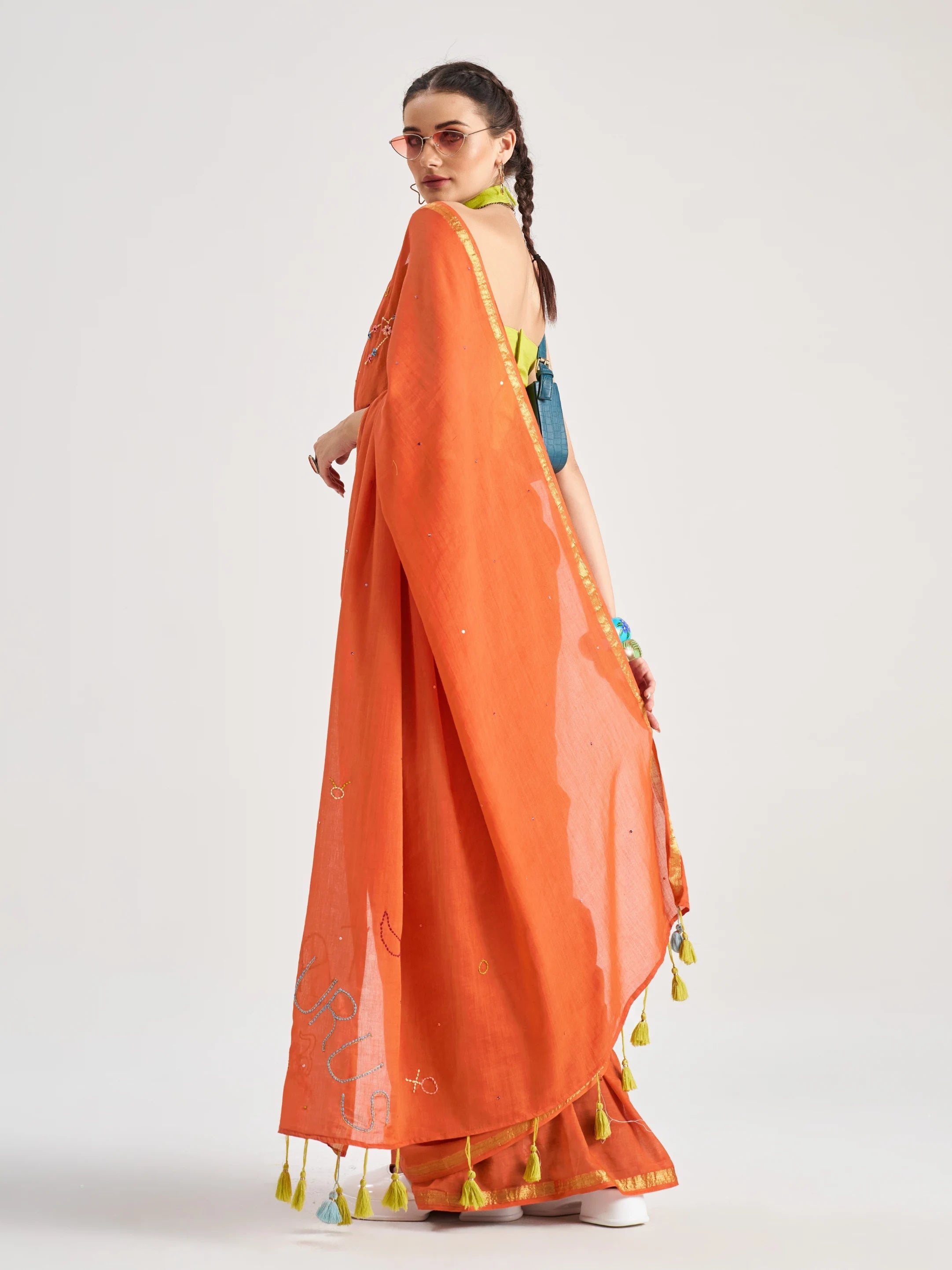RUST ORANGE MULMUL COTTON TAURUS VEDIC ZODIAC THREAD WORK SAREES
