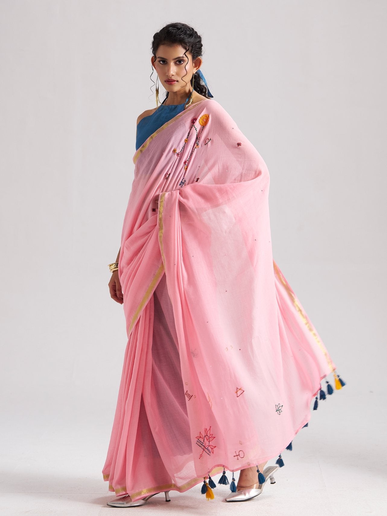 ROSE PINK VISCOSE MUL LIBRA CELESTIAL THREAD WORK SAREES
