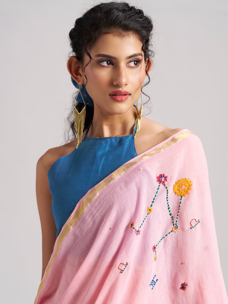 ROSE PINK VISCOSE MUL LIBRA CELESTIAL THREAD WORK SAREES
