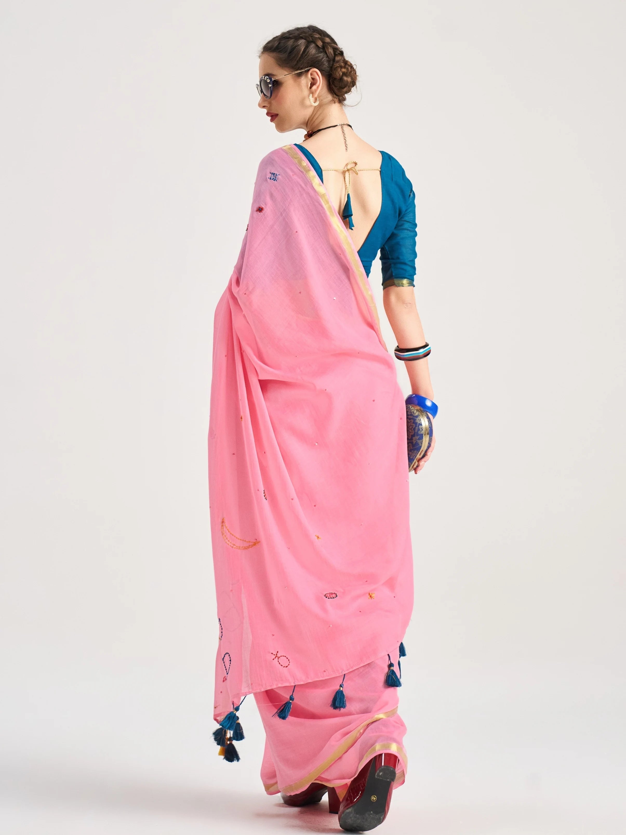 ROSE PINK MULMUL COTTON LIBRA VEDIC ZODIAC THREAD WORK SAREES
