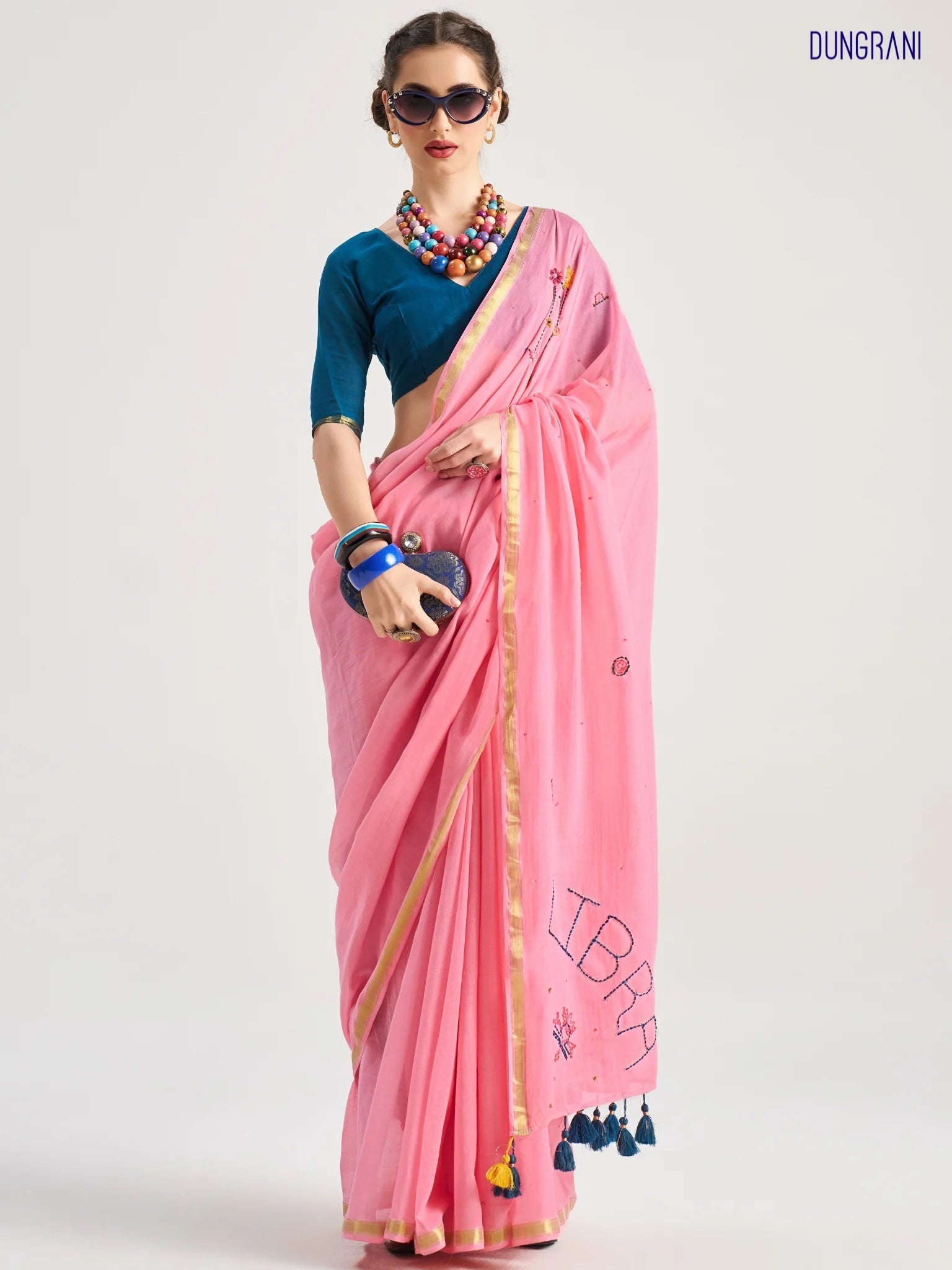 ROSE PINK VISCOSE MUL LIBRA VEDIC ZODIAC THREAD WORK SAREES
