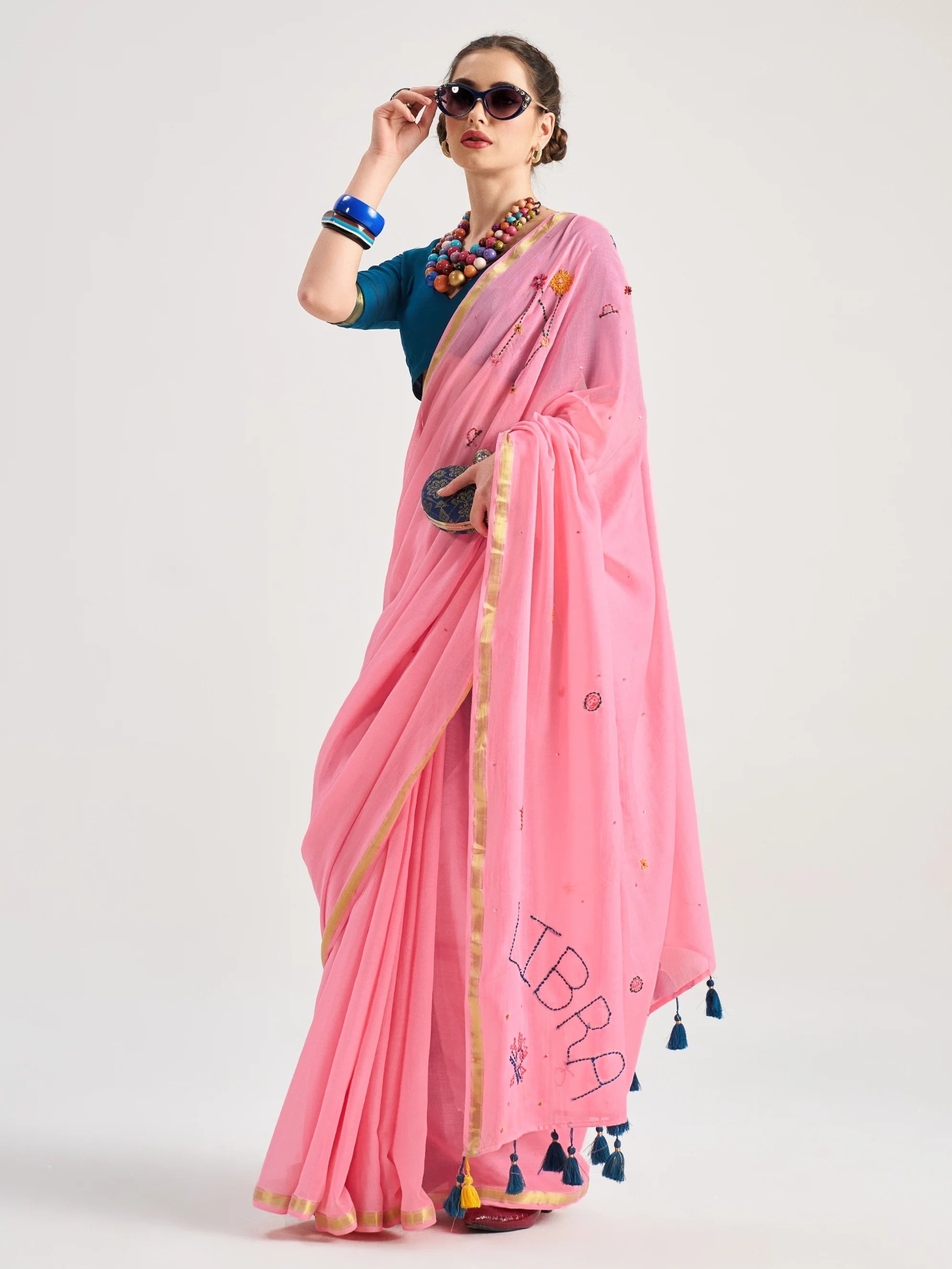 ROSE PINK MULMUL COTTON LIBRA VEDIC ZODIAC THREAD WORK SAREES