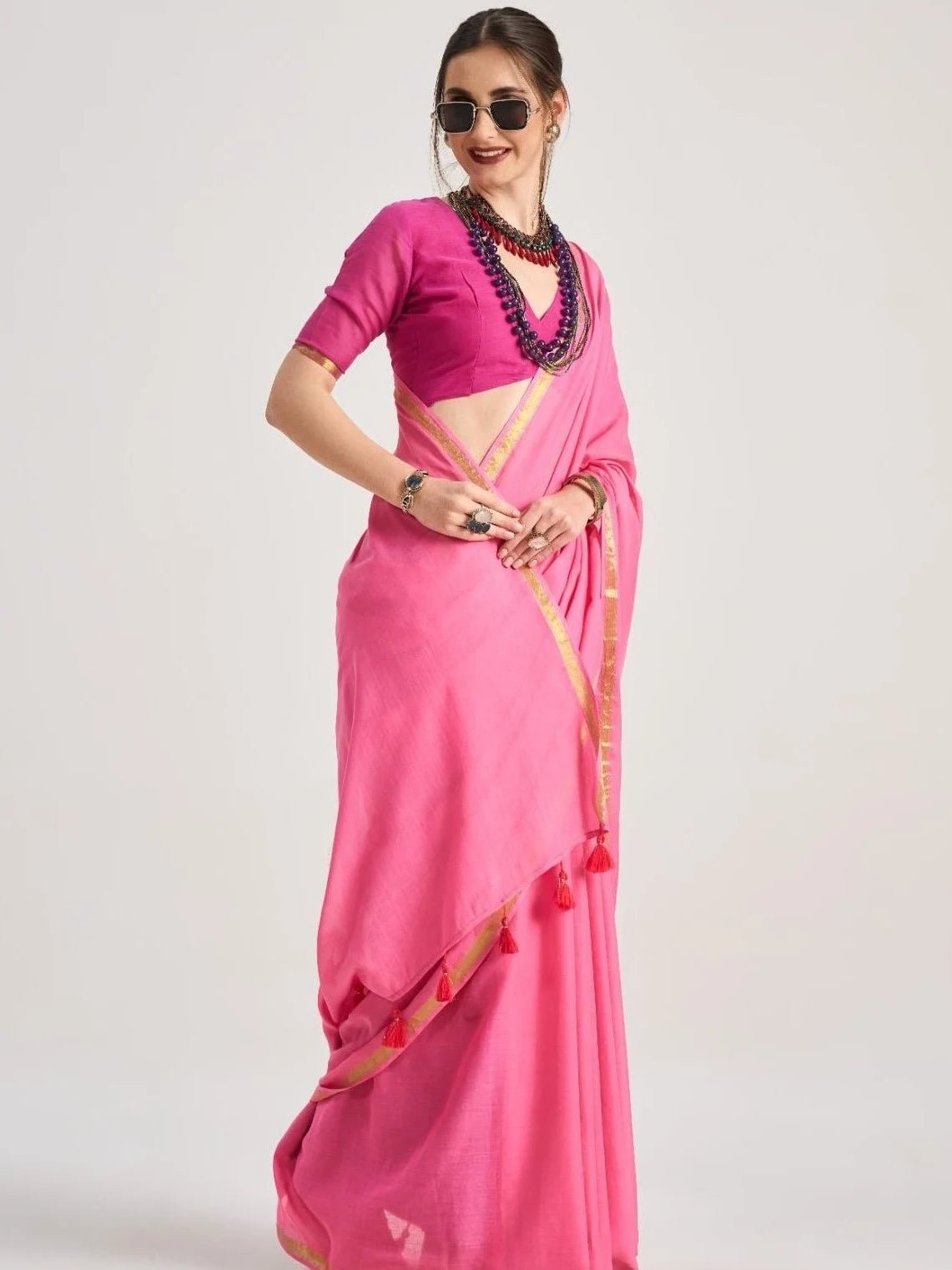 ROSE PINK VISCOSE MUL LIVA SOLID SAREE