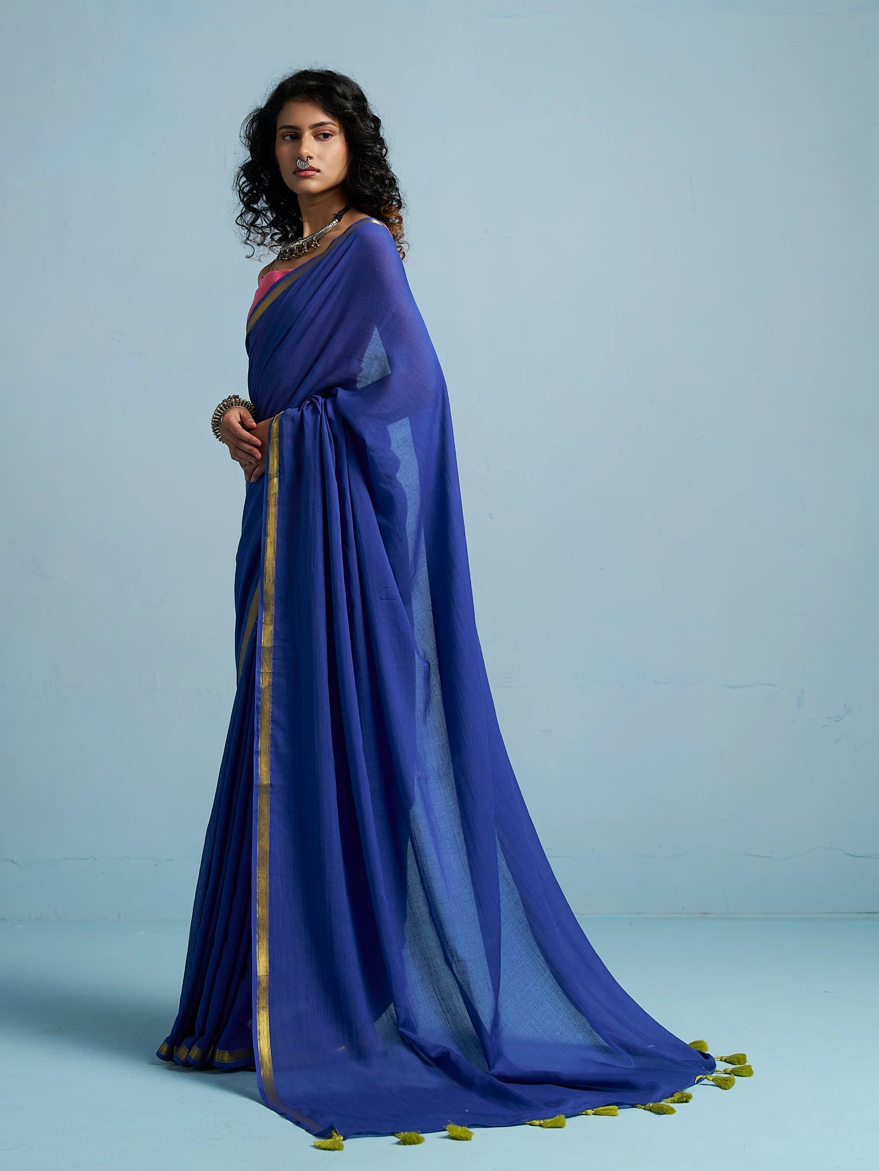 ROYAL BLUE MULMUL COTTON LIVA SOLID SAREE
