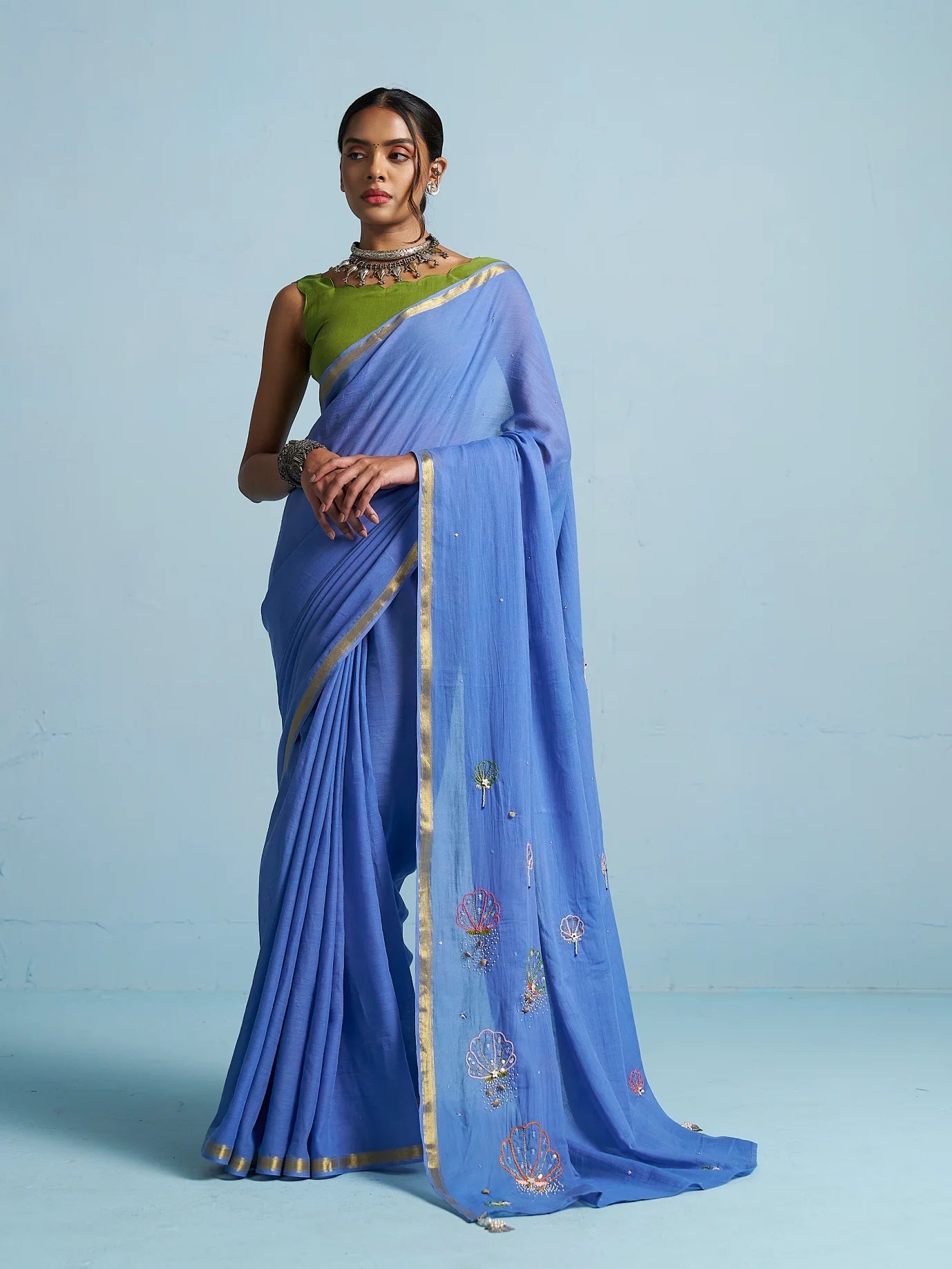 ROYAL BLUE VISCOSE MUL THREAD WORK SAREES