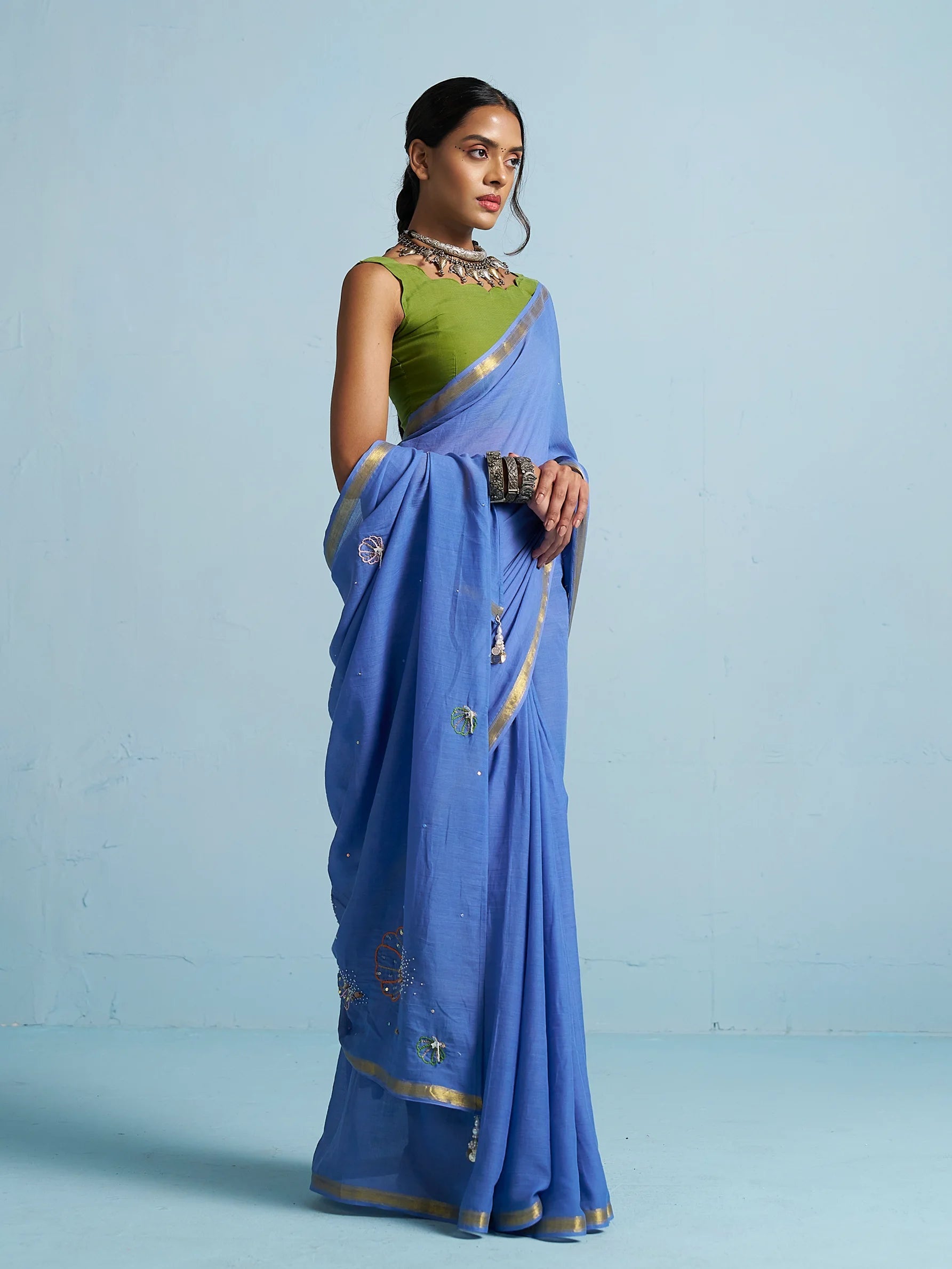 ROYAL BLUE VISCOSE MUL THREAD WORK SAREES