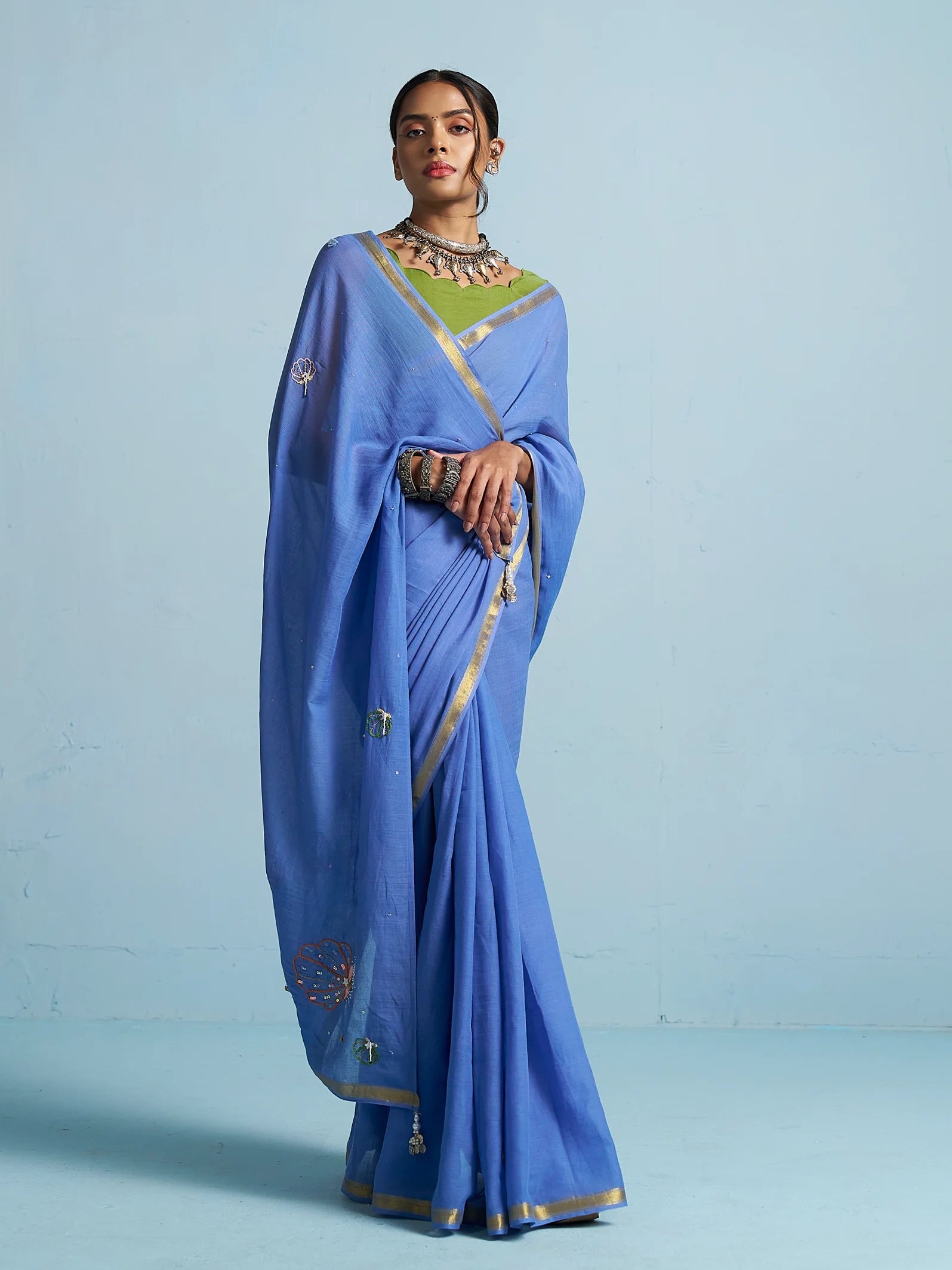 ROYAL BLUE VISCOSE MUL THREAD WORK SAREES