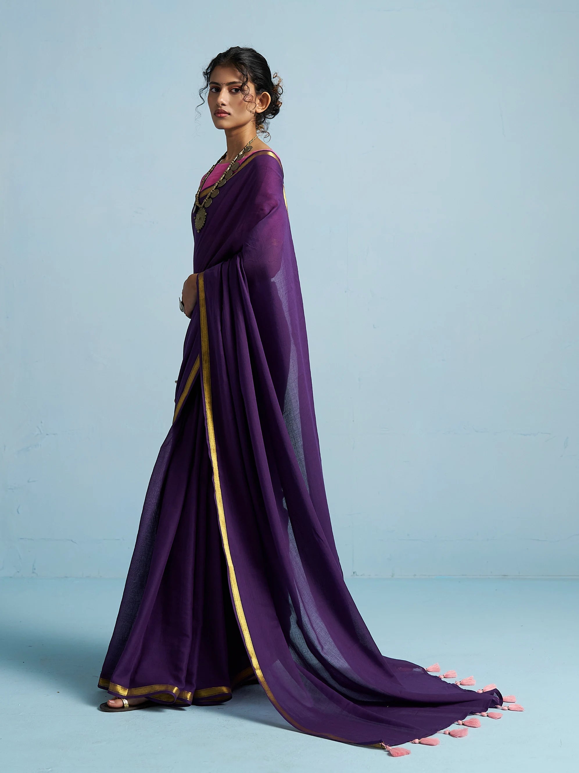 ROYAL PURPLE MULMUL COTTON LIVA SOLID SAREE