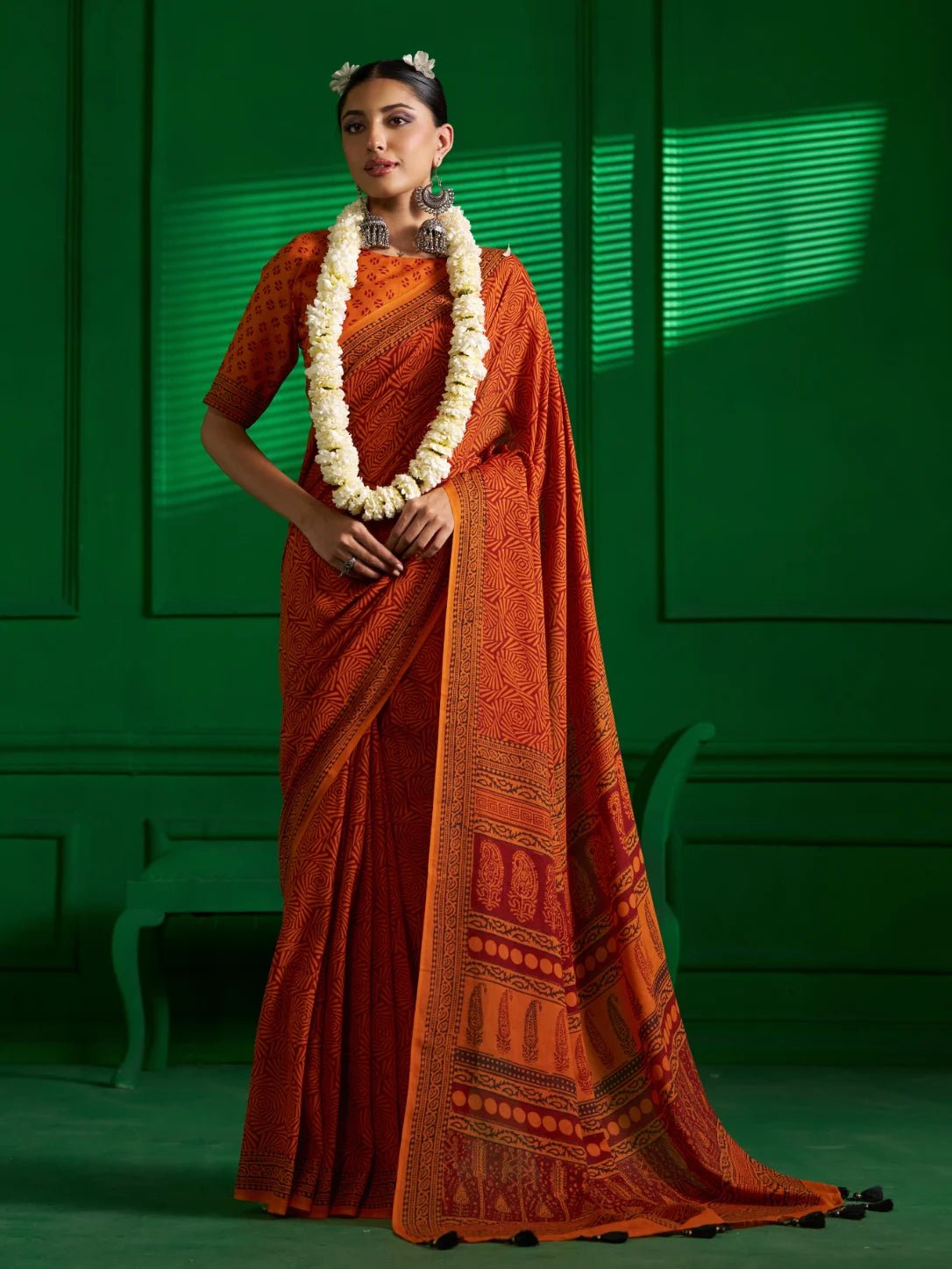 RUST IRON SHADE VISCOSE MUL BAGH PRINT SAREE