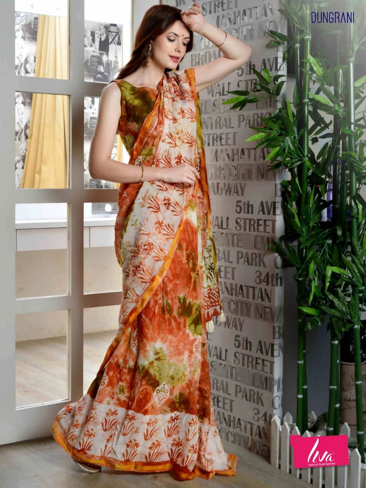 RUST ORANGE VISCOSE MUL LIVA BATIK PRINTED SAREE