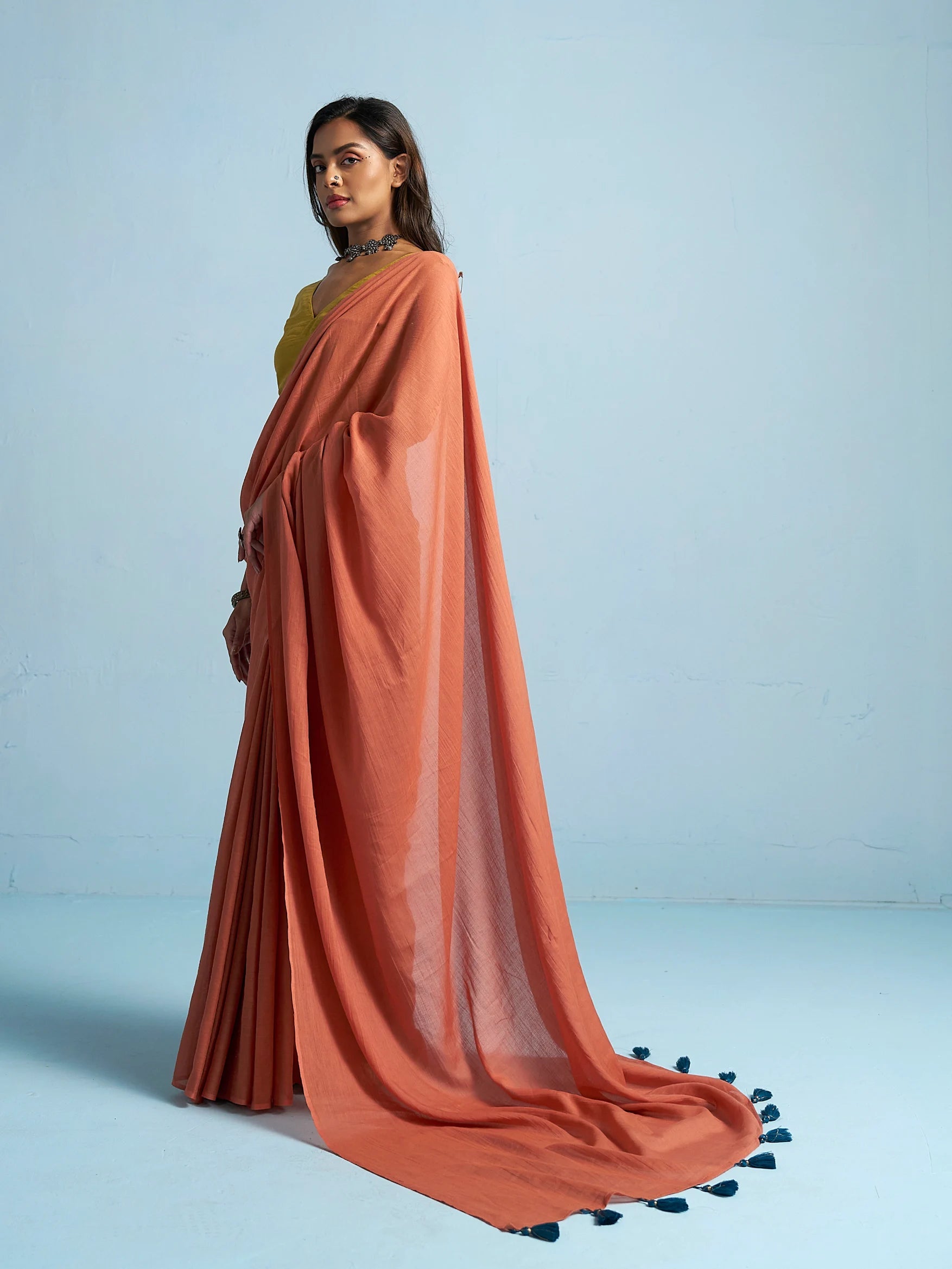 RUST ORANGE VISCOSE MUL LIVA SOLID SAREE