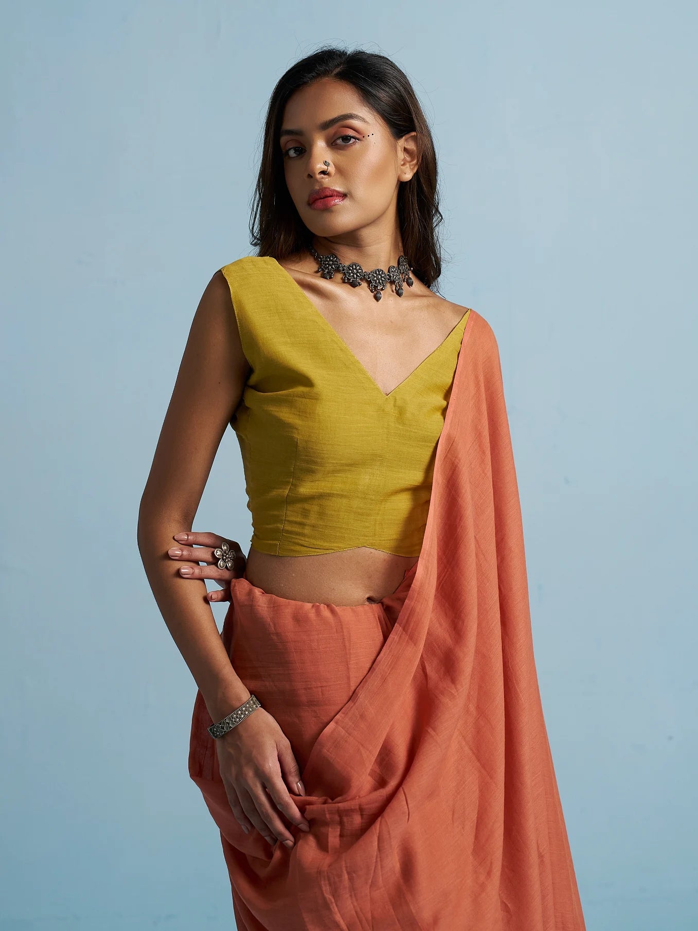 RUST ORANGE MULMUL COTTON LIVA SOLID SAREE