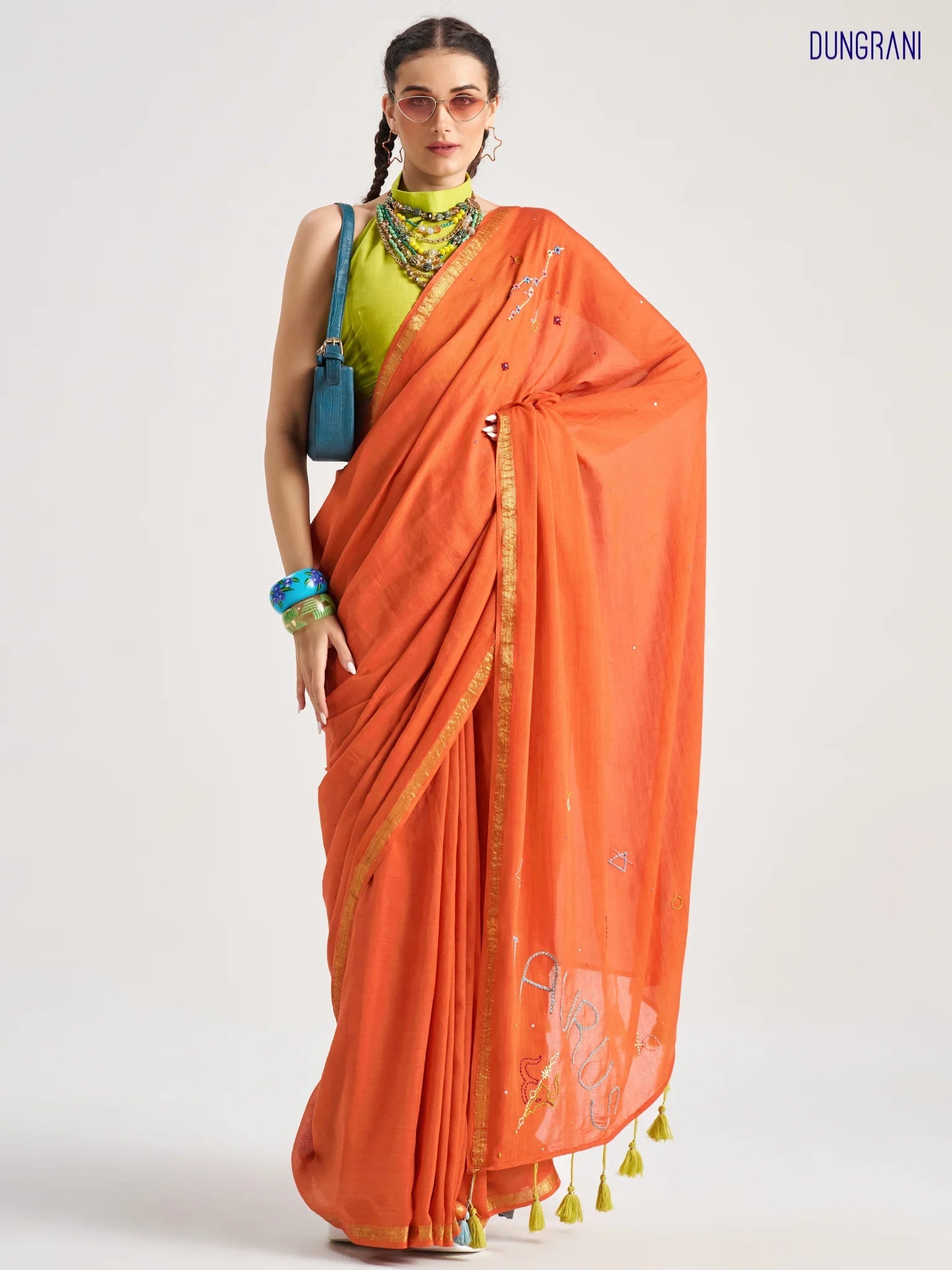 RUST ORANGE VISCOSE MUL TAURUS VEDIC ZODIAC THREAD WORK SAREES