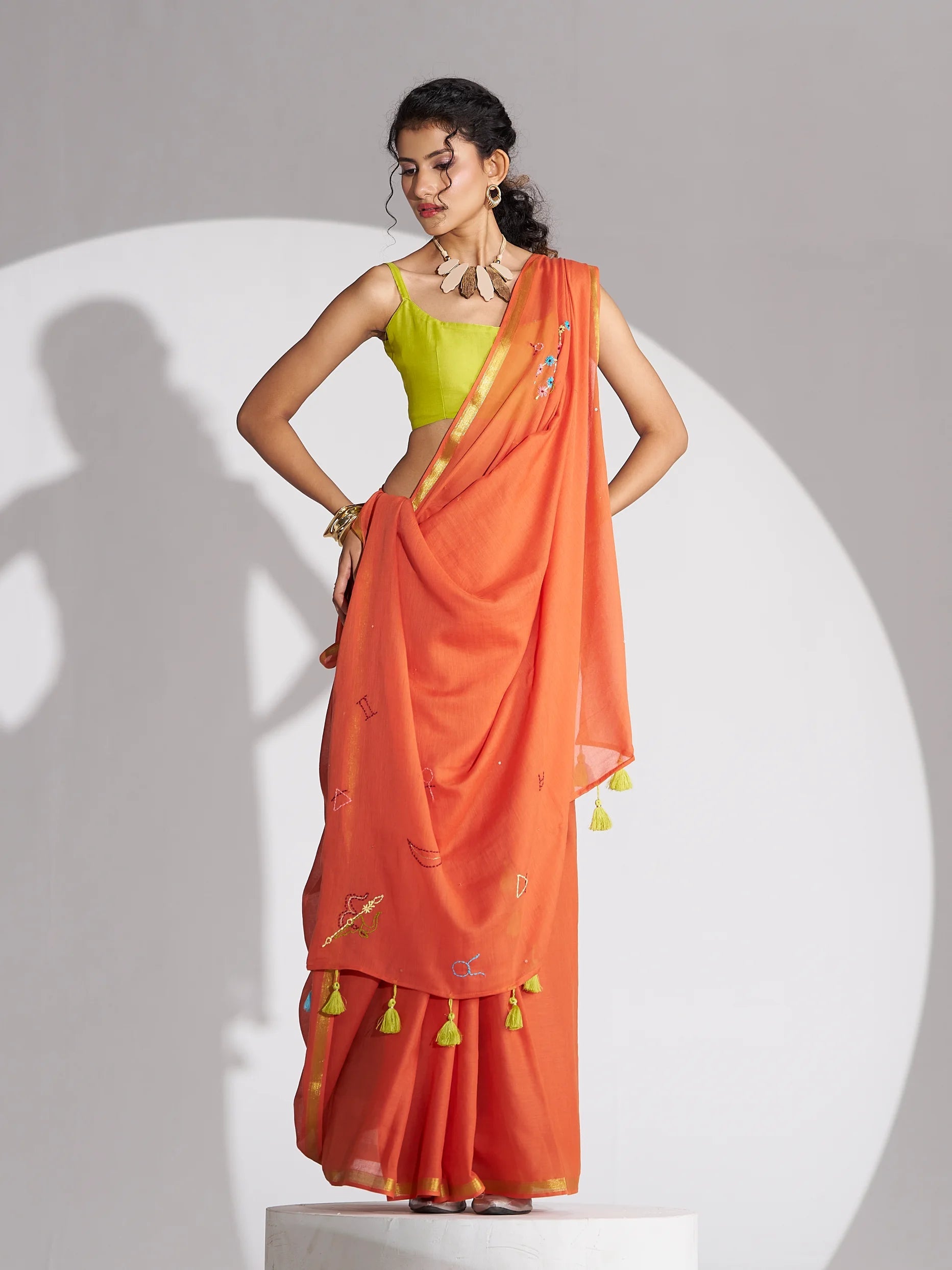 RUST ORANGE VISCOSE MUL THREAD WORK SAREES