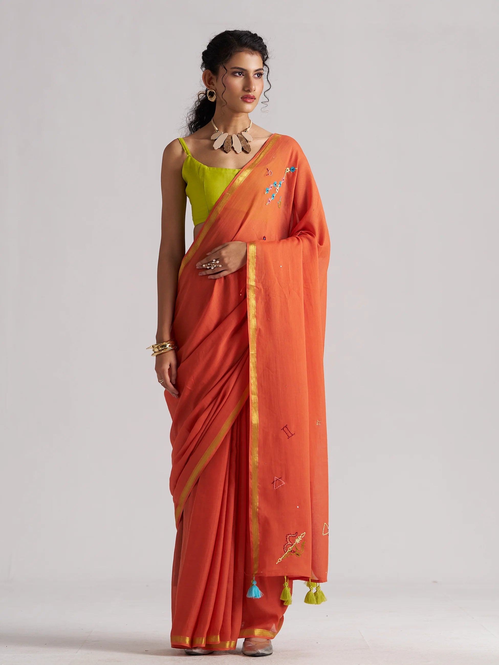 RUST ORANGE VISCOSE MUL THREAD WORK SAREES