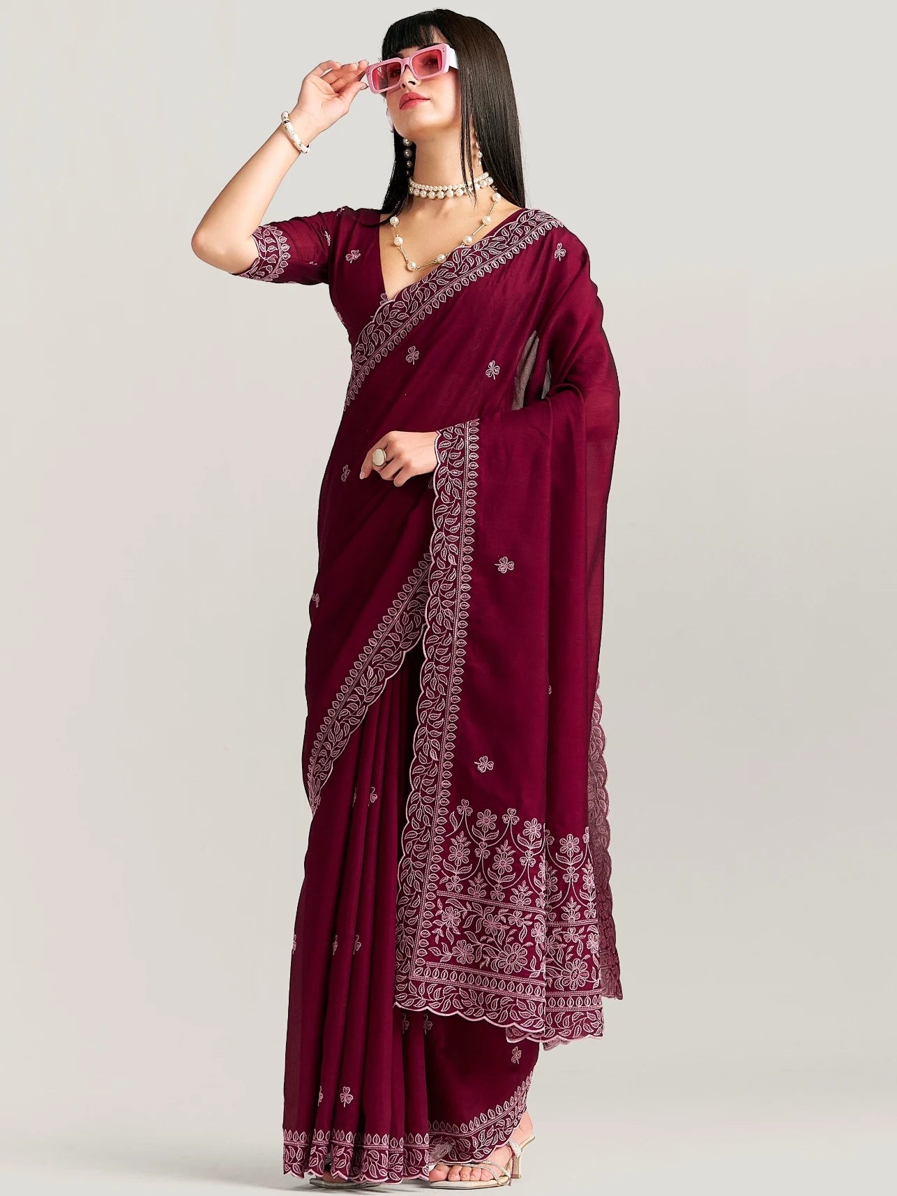TITANIUM FLOWER EMBROIDERY SAREE WITH BLOUSE