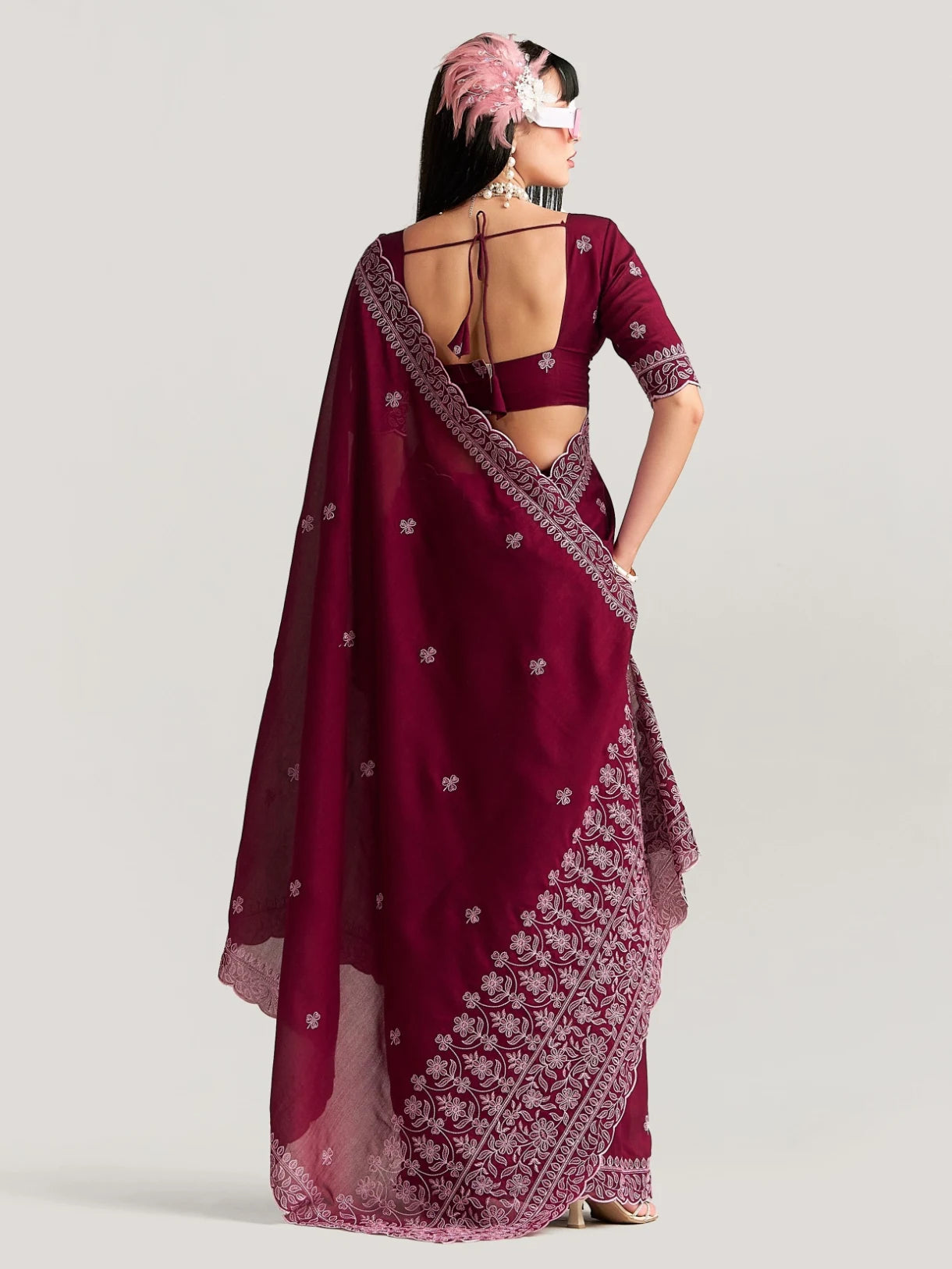TITANIUM FLOWER EMBROIDERY SAREE WITH BLOUSE