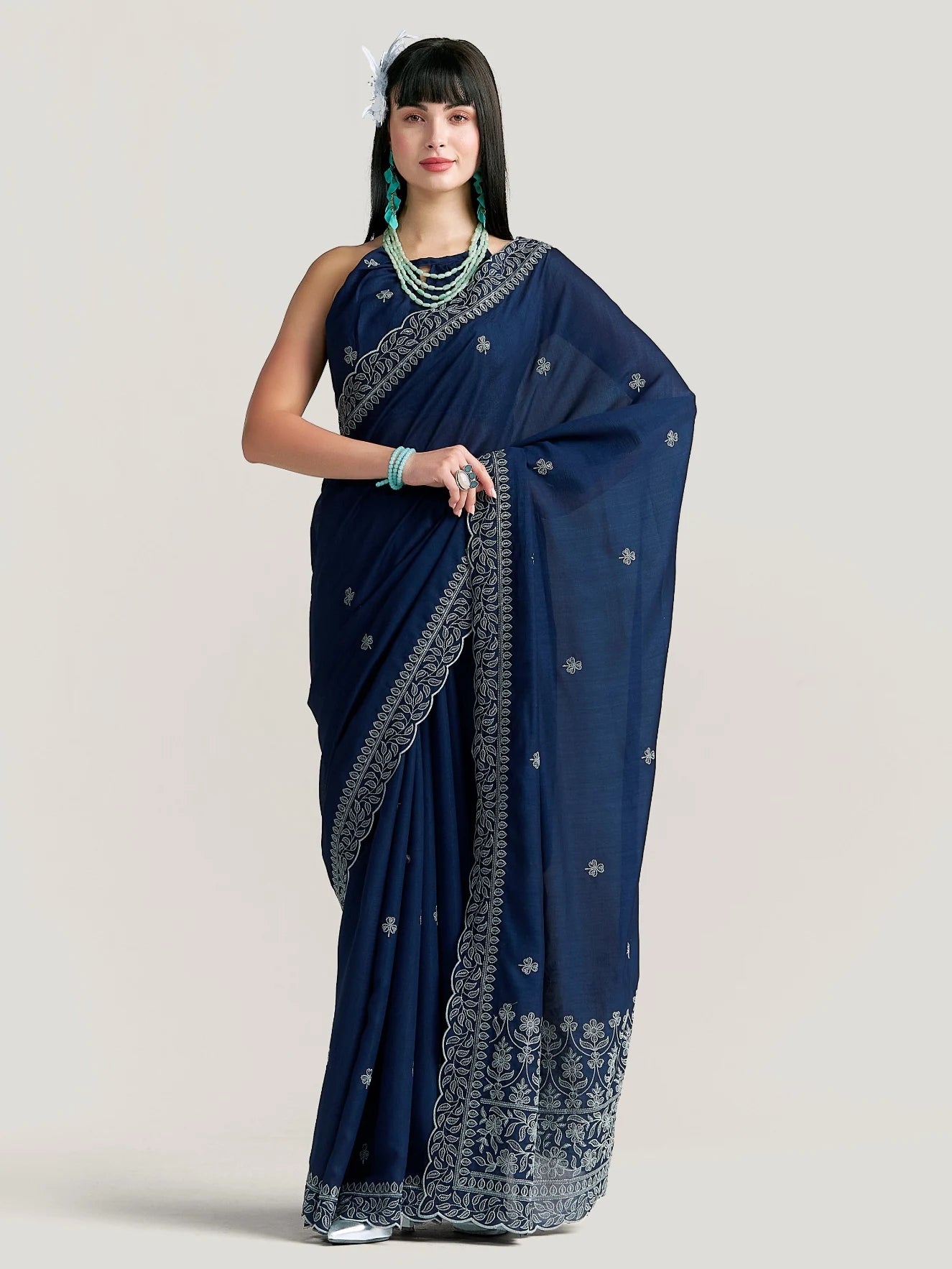 TITANIUM FLOWER EMBROIDERY SAREE WITH BLOUSE