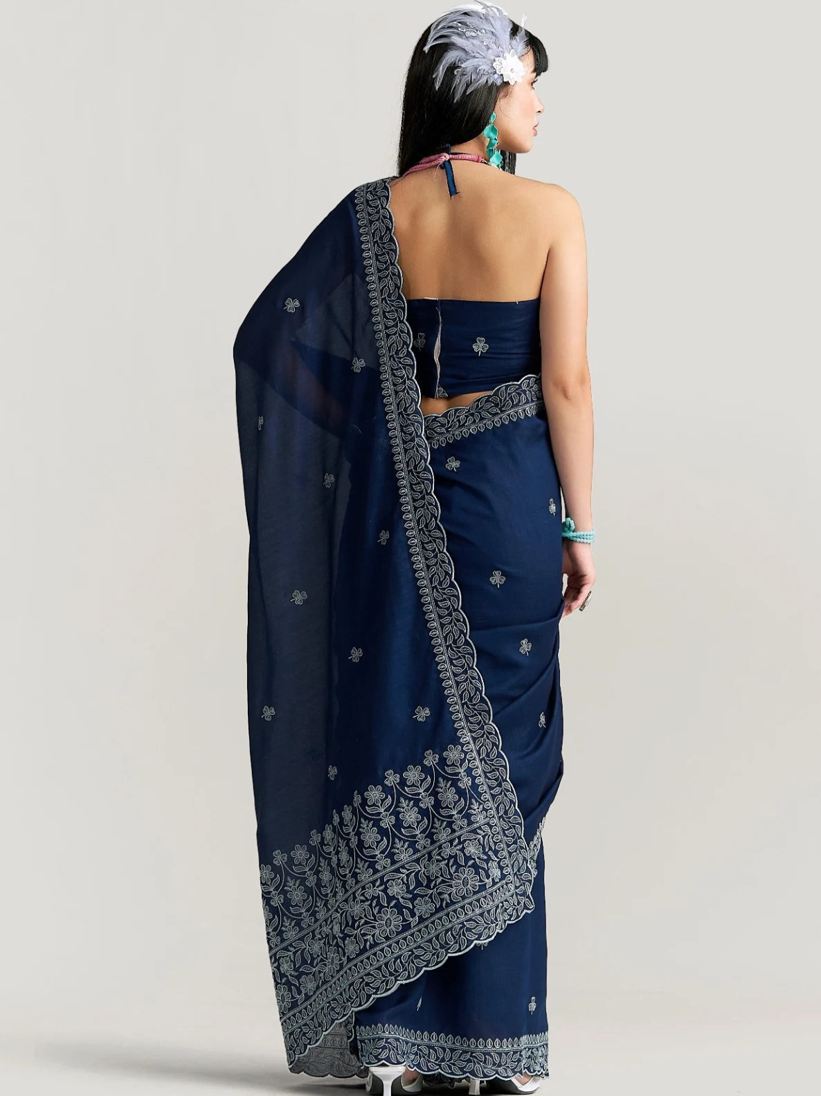 TITANIUM FLOWER EMBROIDERY SAREE WITH BLOUSE