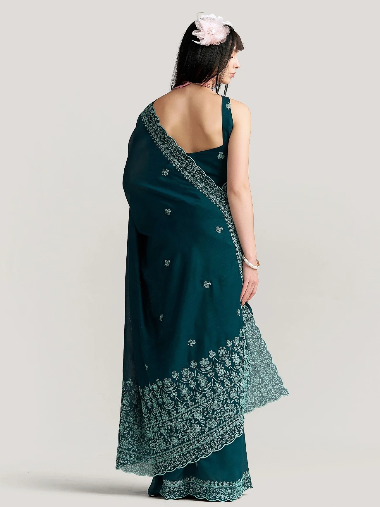 TITANIUM FLOWER EMBROIDERY SAREE WITH BLOUSE