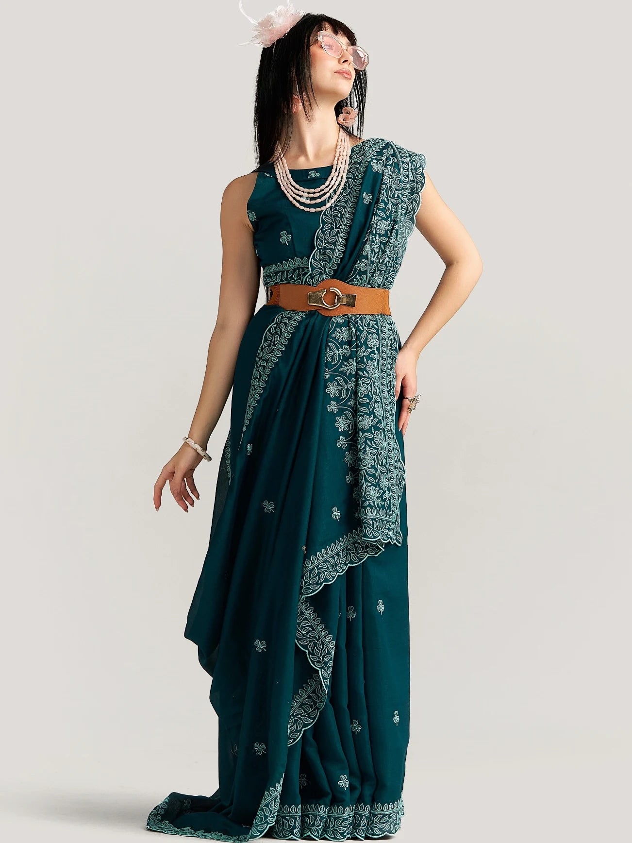 TITANIUM FLOWER EMBROIDERY SAREE WITH BLOUSE