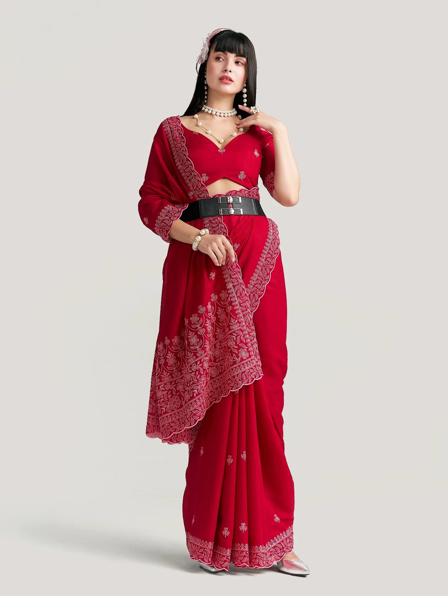 TITANIUM FLOWER EMBROIDERY SAREE WITH BLOUSE