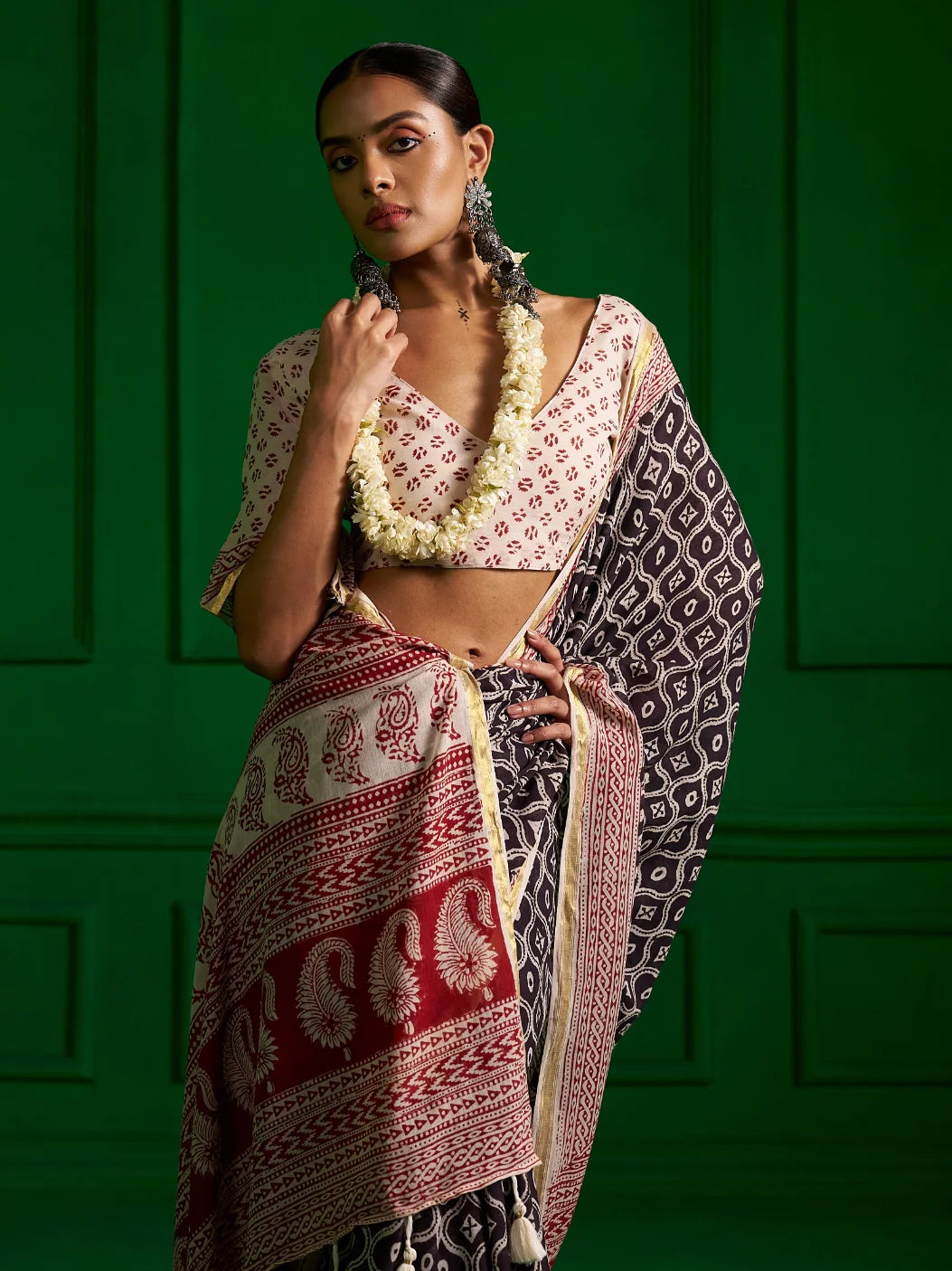 BLACK & RED VISCOSE MUL INDIGO RED BAGH PRINT SAREE