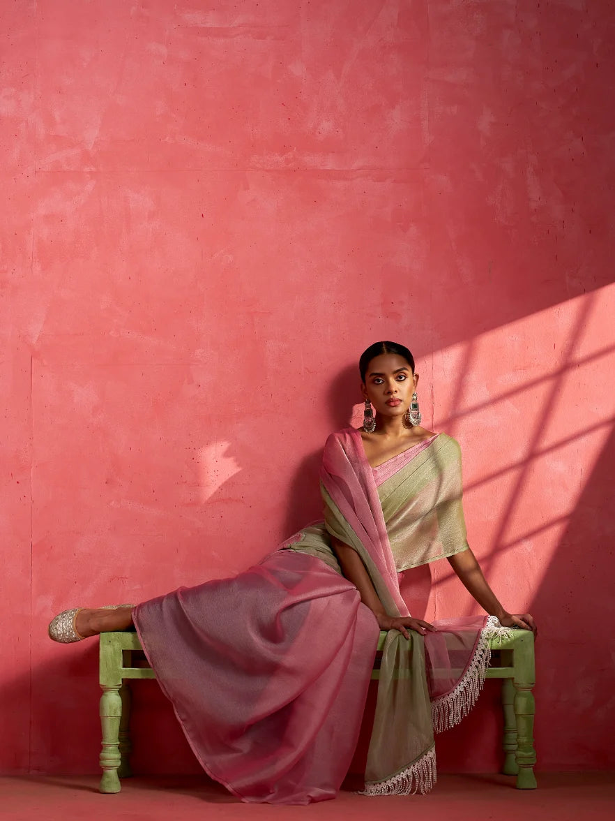 PINK & PISTA GLOW CHIFFON READY-TO-WEAR SAREE