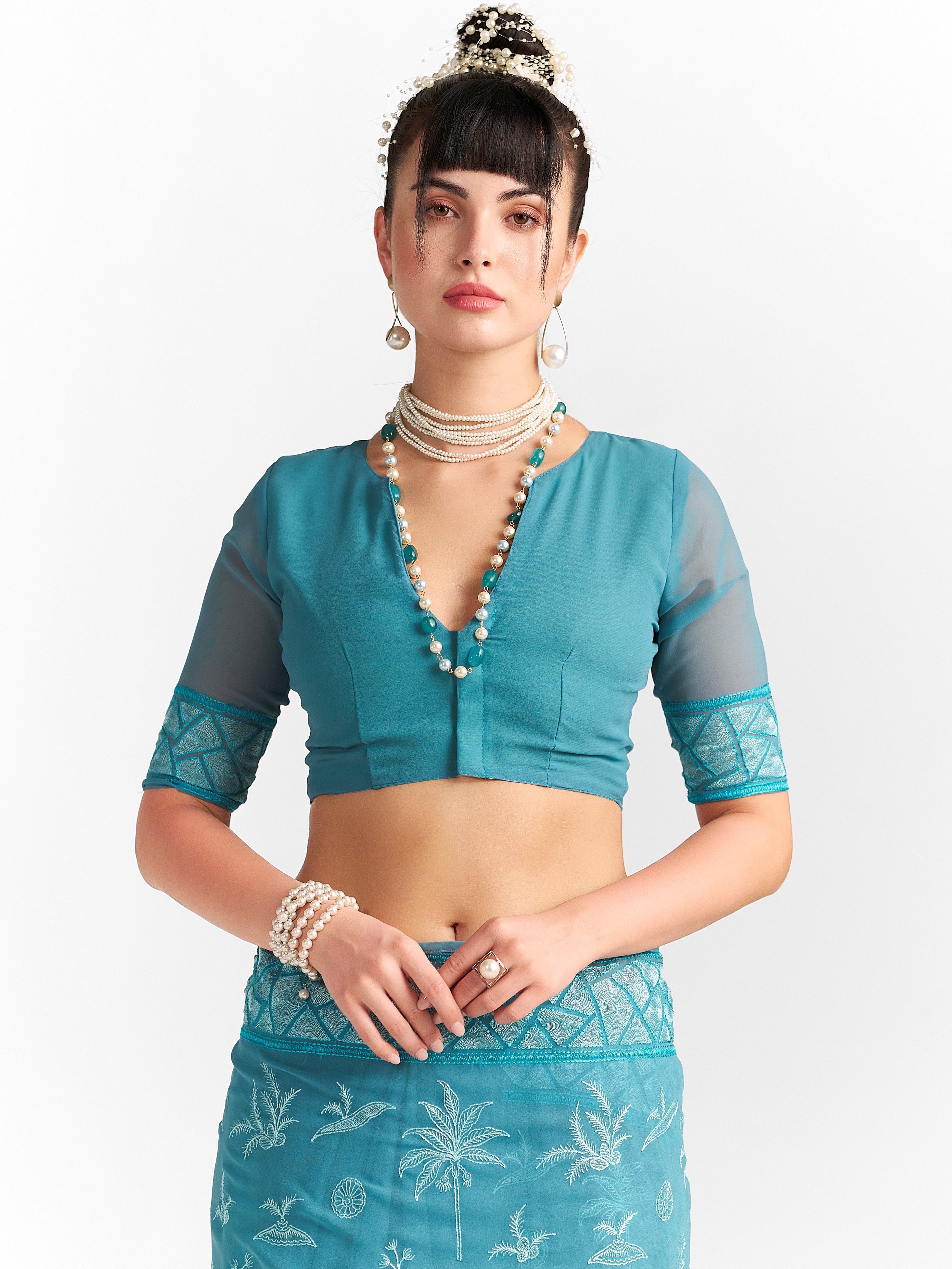 GEORGETTE TREE EMBROIDERY SAREE WITH BLOUSE