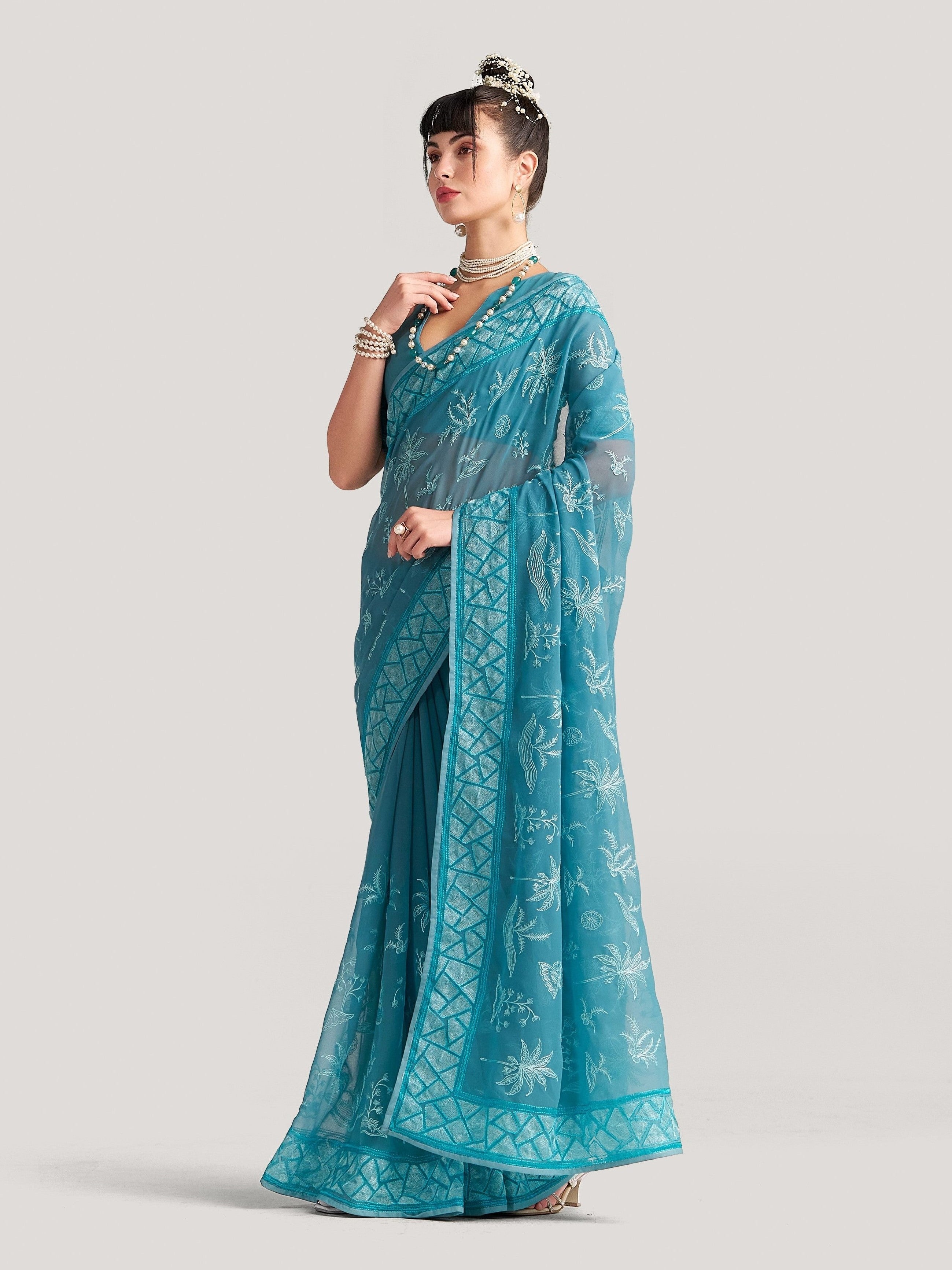 GEORGETTE TREE EMBROIDERY SAREE WITH BLOUSE