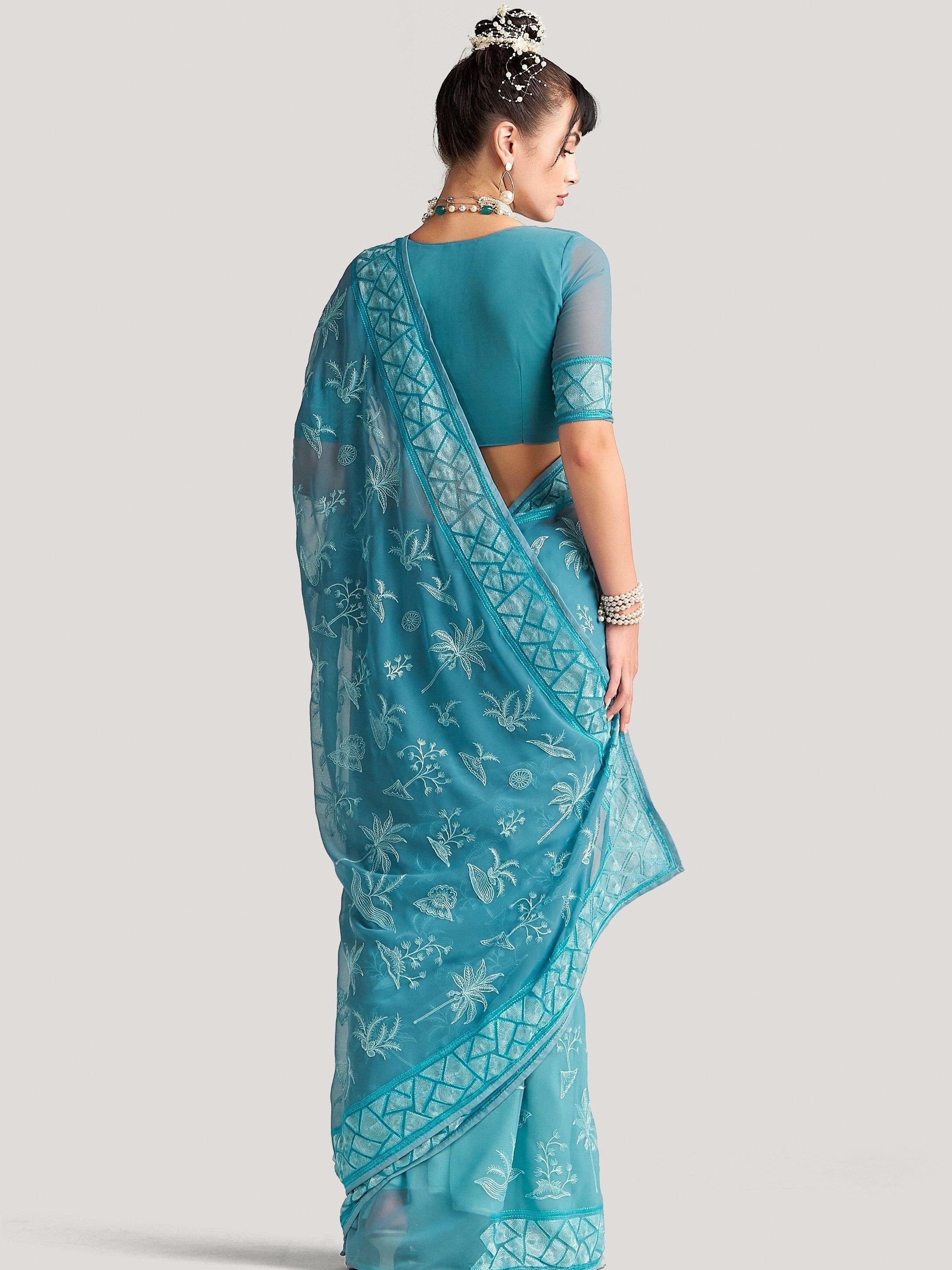 GEORGETTE TREE EMBROIDERY SAREE WITH BLOUSE