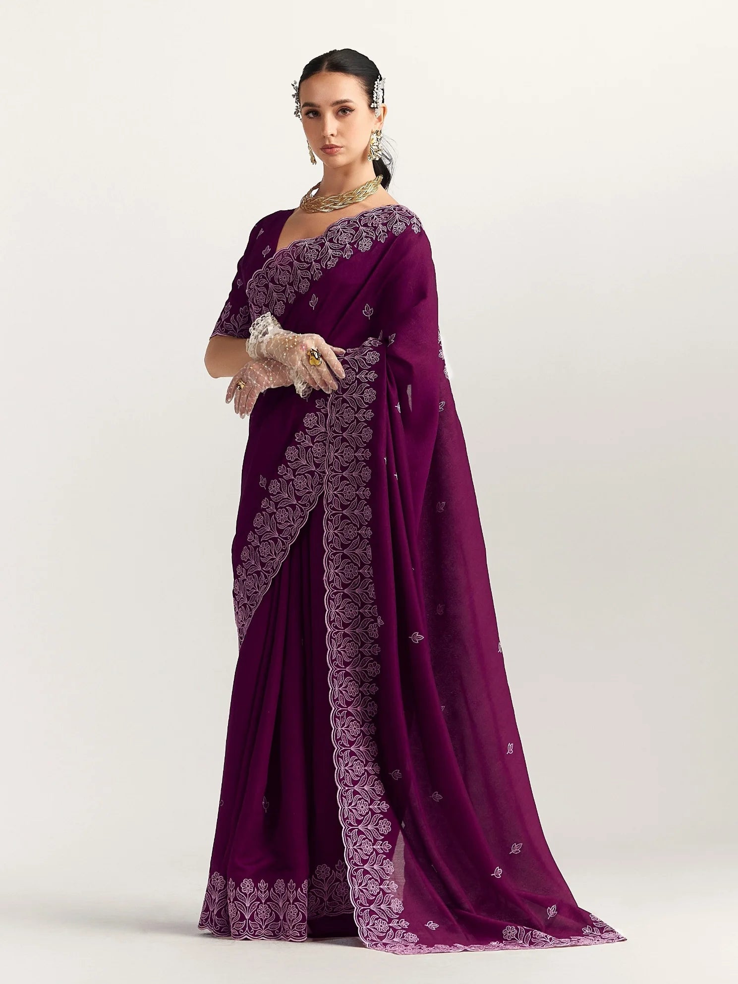 TITANIUM FLORAL EMBROIDERY SAREE WITH BLOUSE