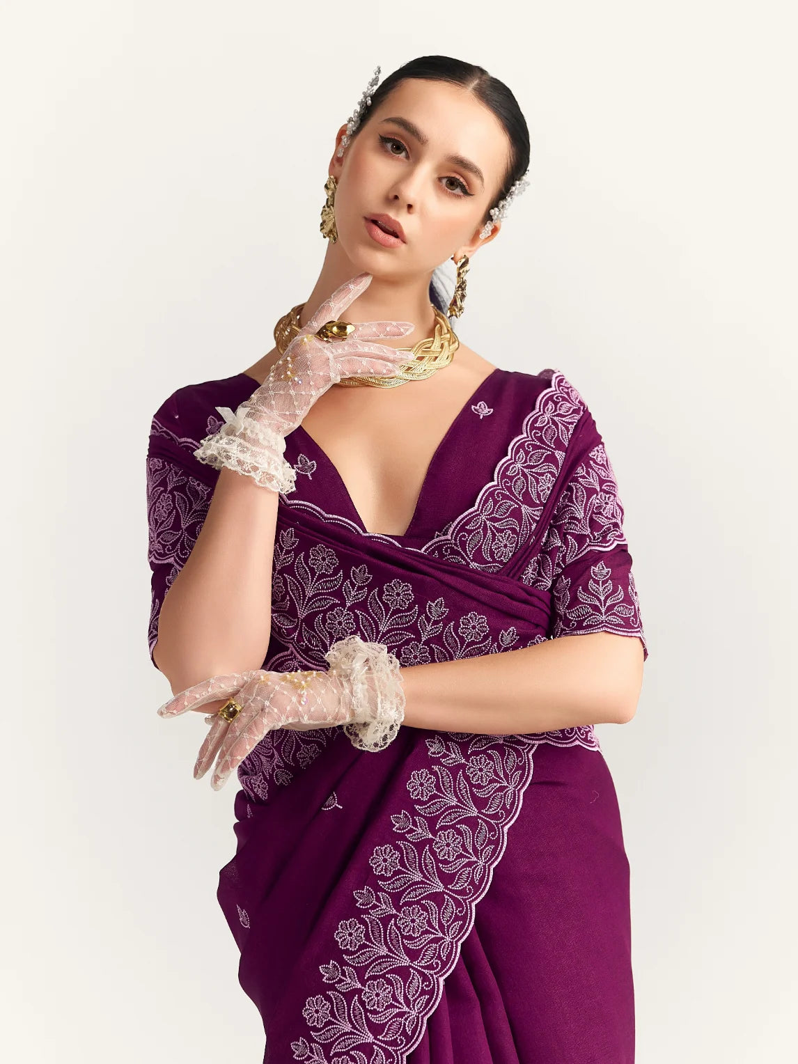 TITANIUM FLORAL EMBROIDERY SAREE WITH BLOUSE