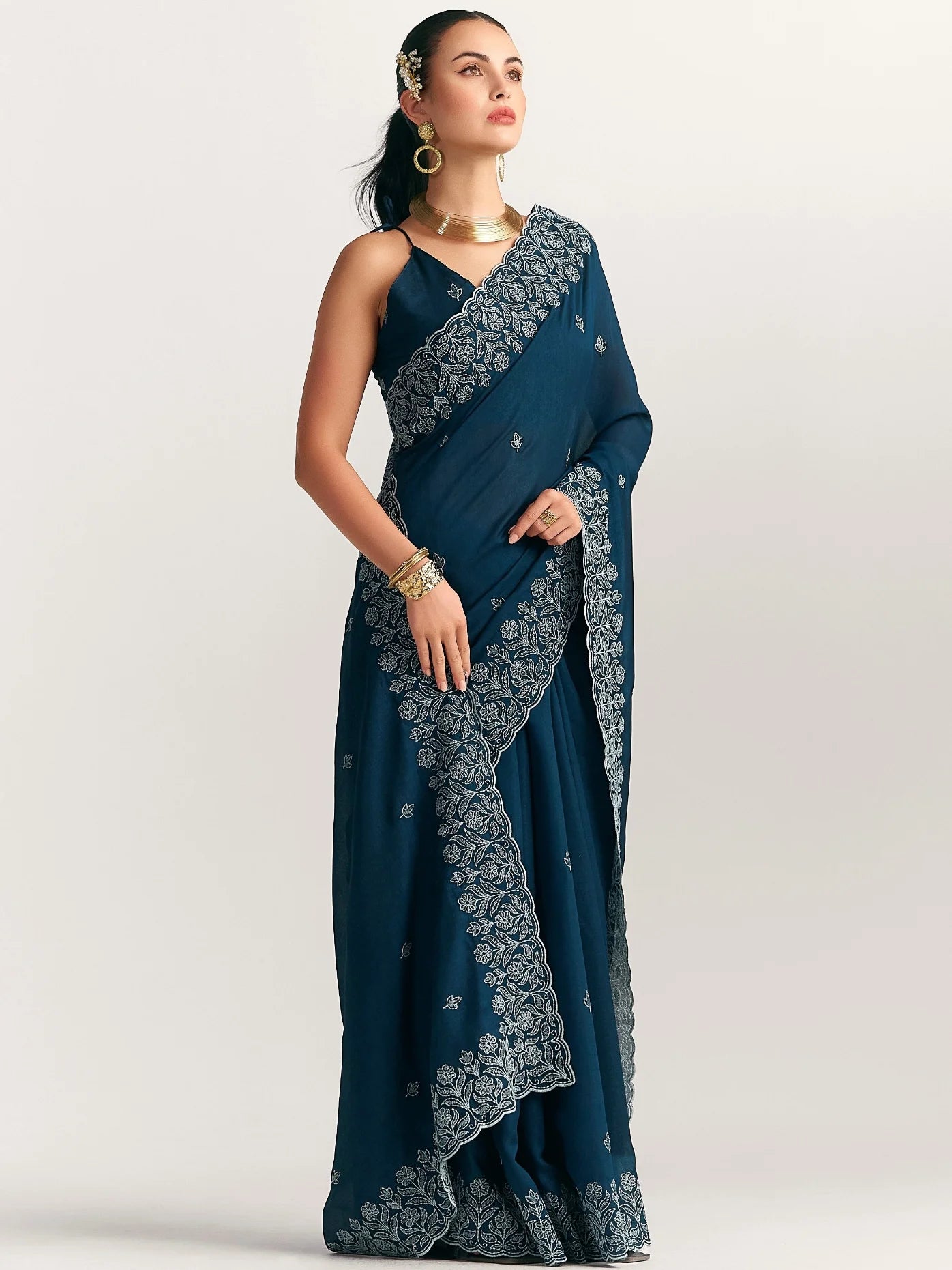 TITANIUM FLORAL EMBROIDERY SAREE WITH BLOUSE