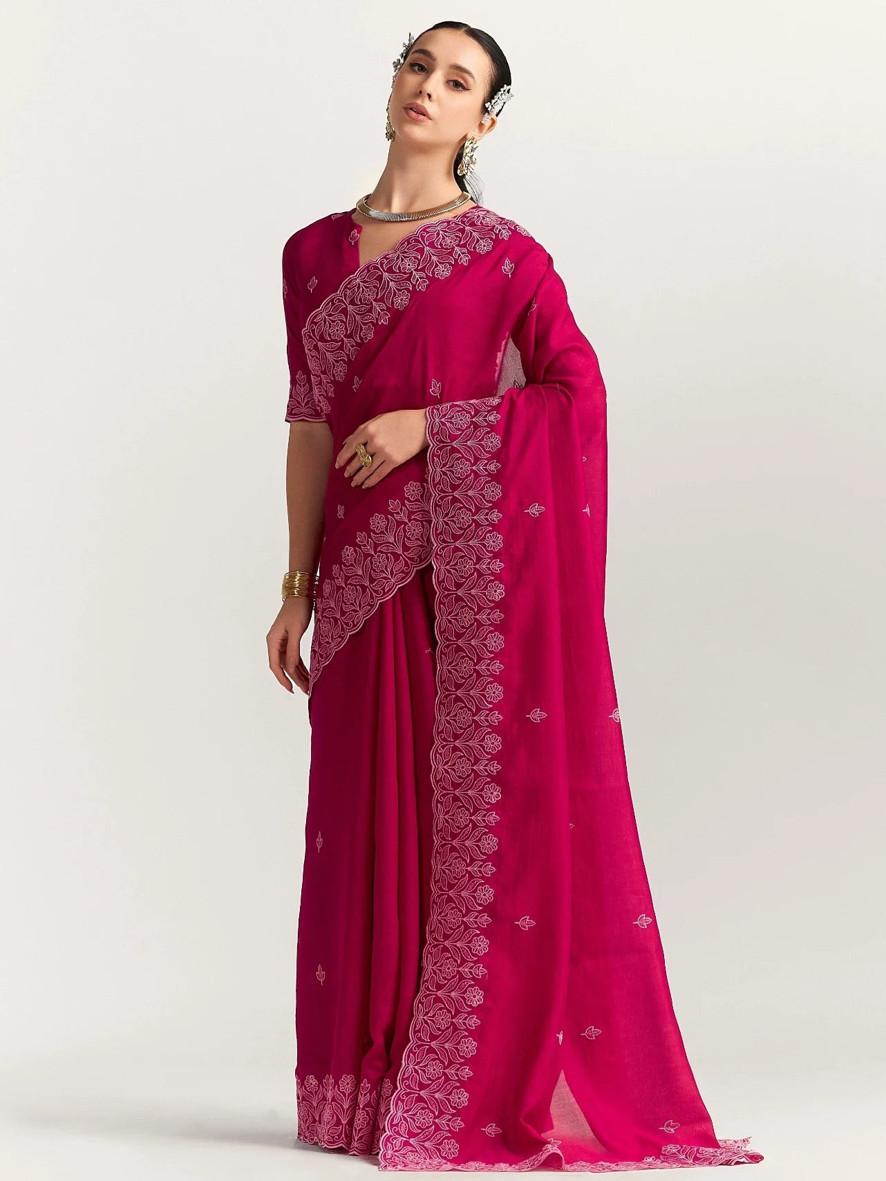 TITANIUM FLORAL EMBROIDERY SAREE WITH BLOUSE