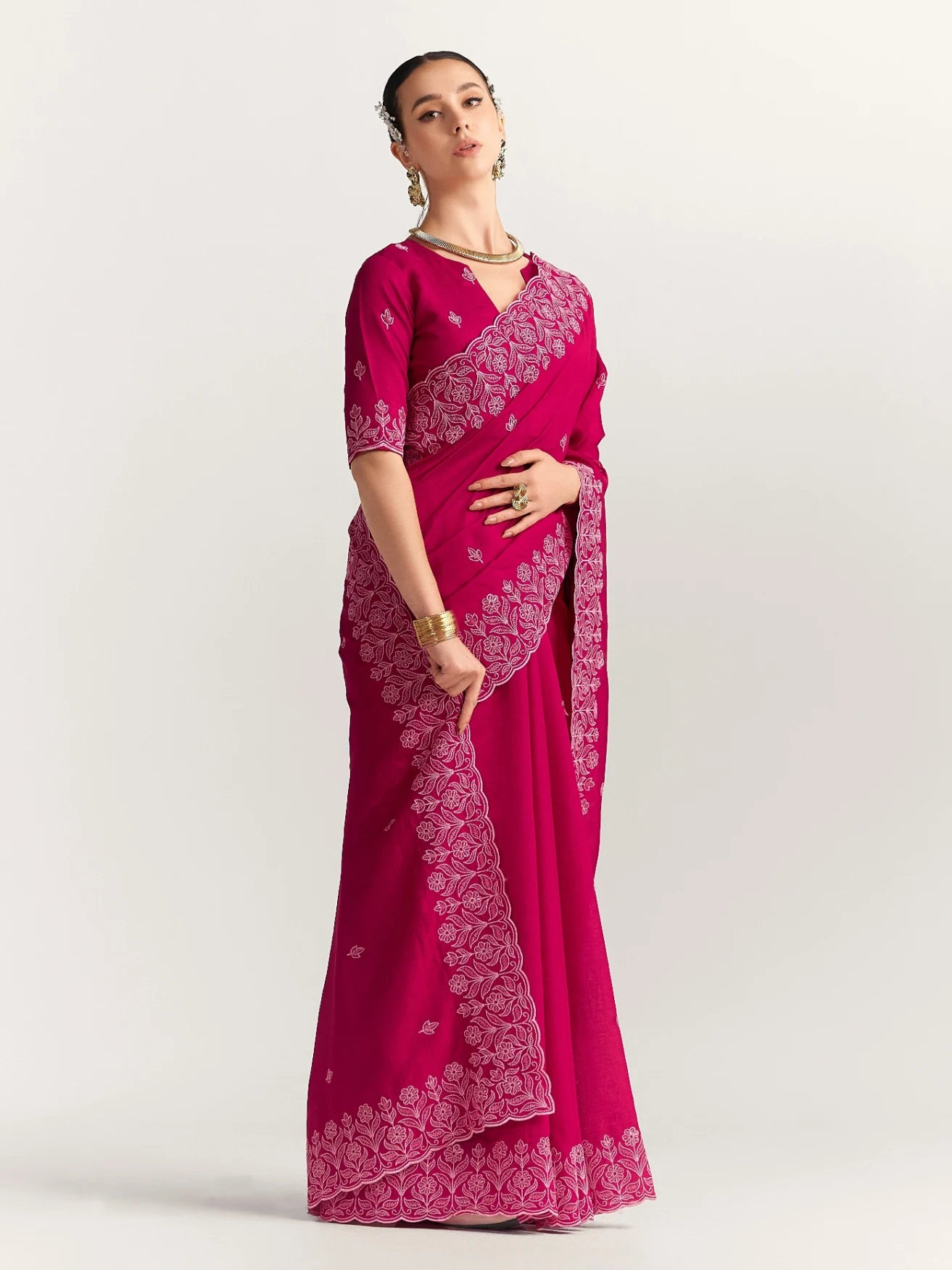 TITANIUM FLORAL EMBROIDERY SAREE WITH BLOUSE