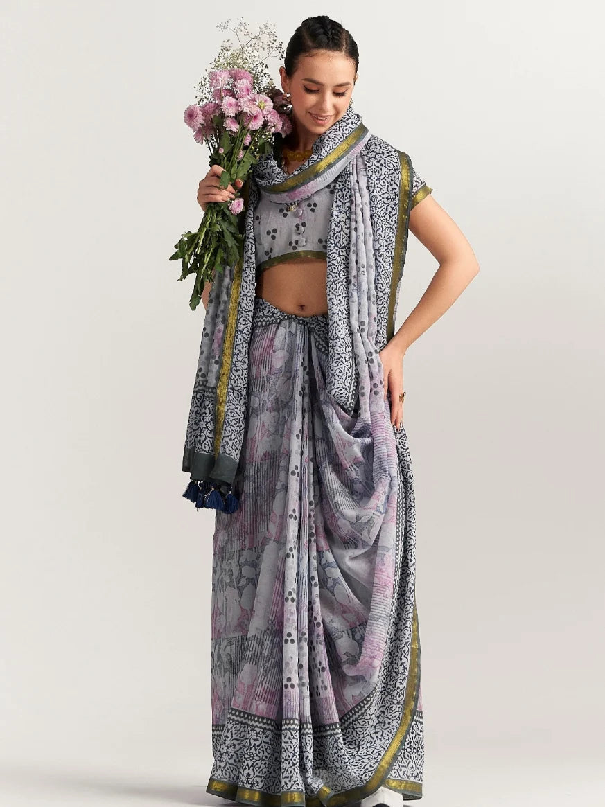VISCOSE MUL LIVA BLOCK PRINTED SAREE WITH BLOUSE