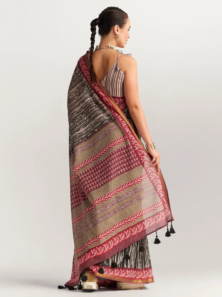 VISCOSE MUL LIVA BLOCK PRINTED SAREE WITH BLOUSE