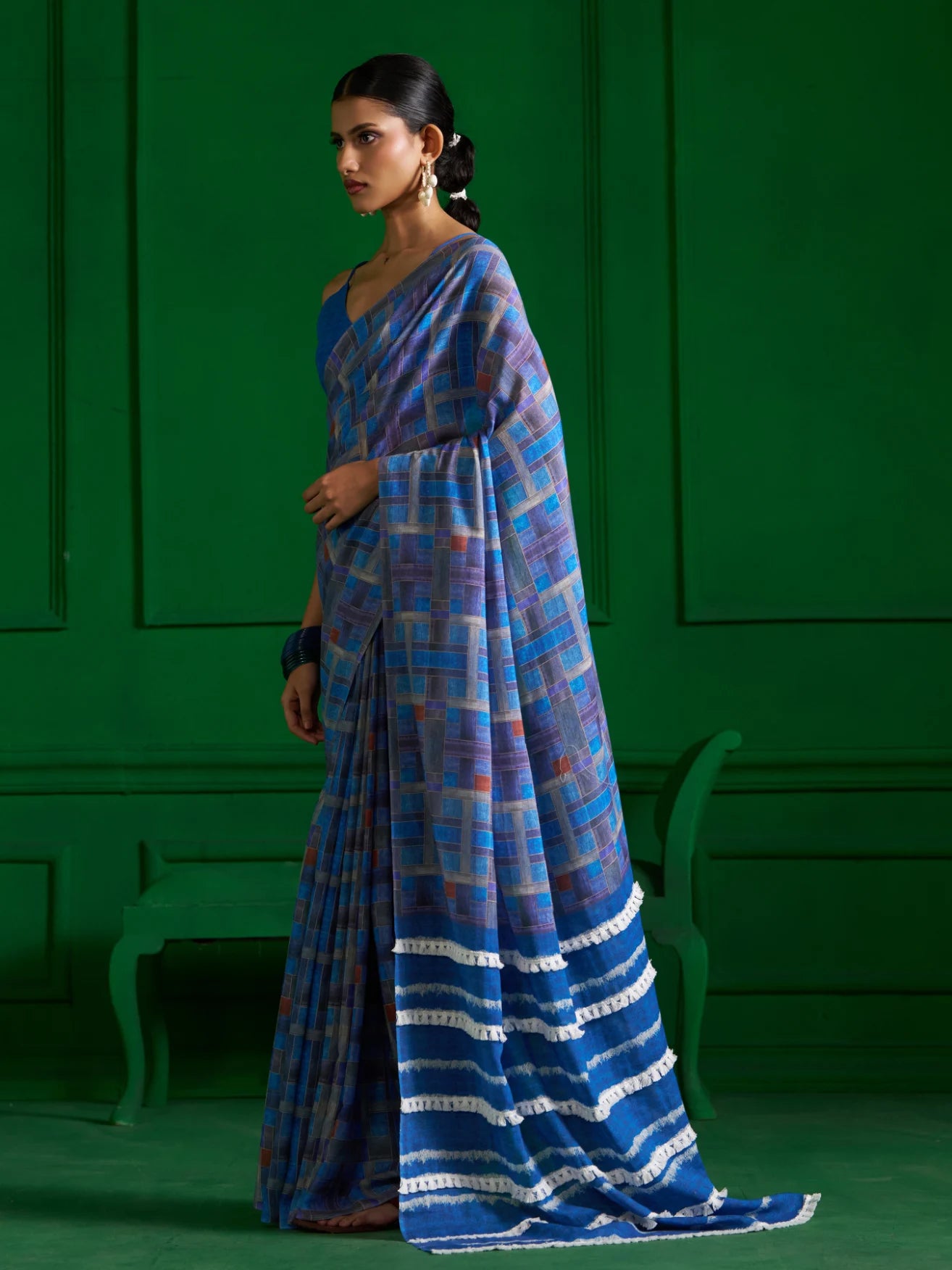 BROWN CHECKS DENIM SAREE