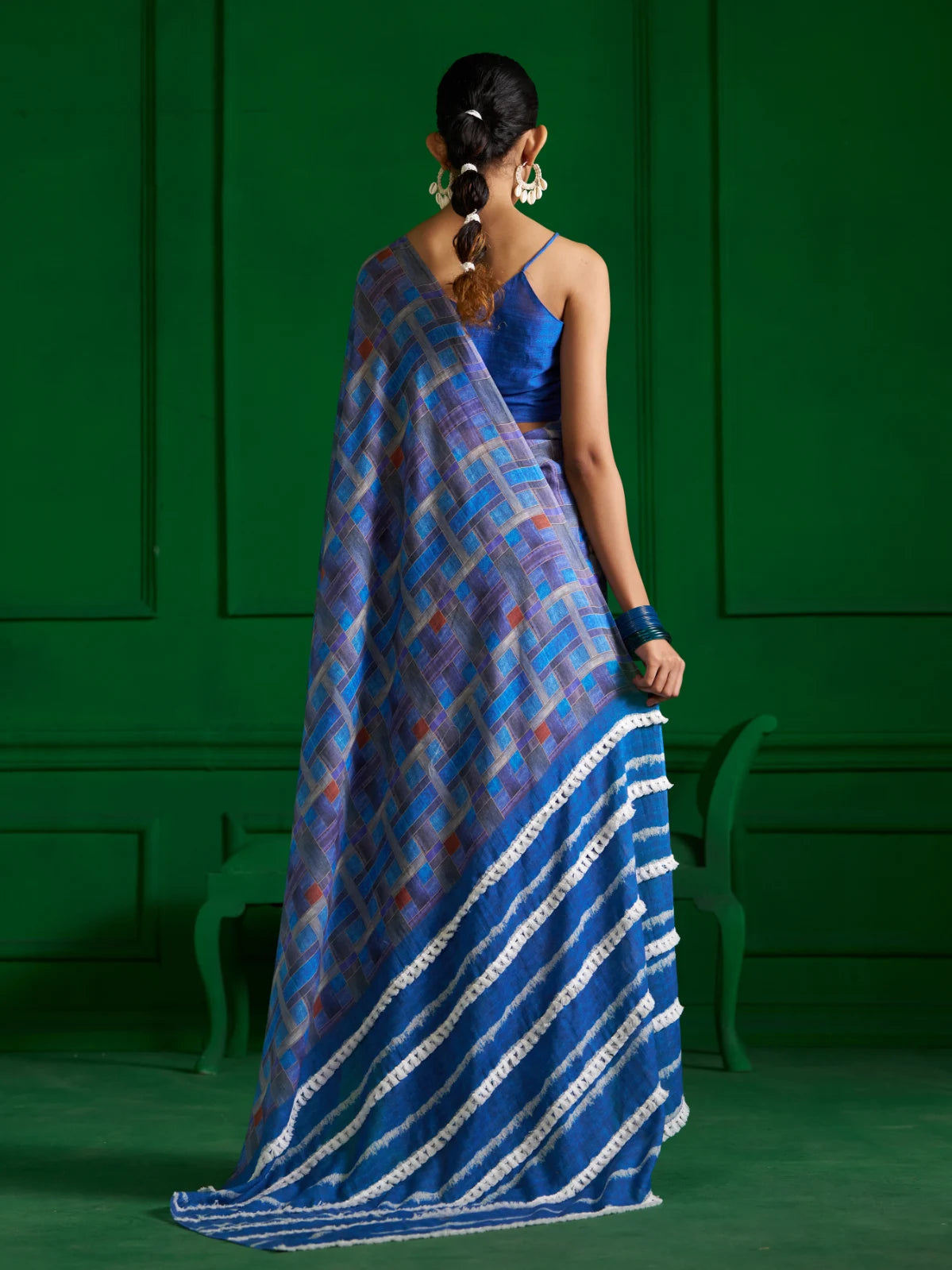 BROWN CHECKS DENIM SAREE