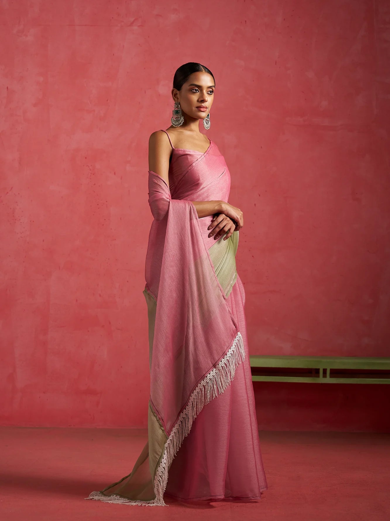 PINK & PISTA GLOW CHIFFON READY-TO-WEAR SAREE