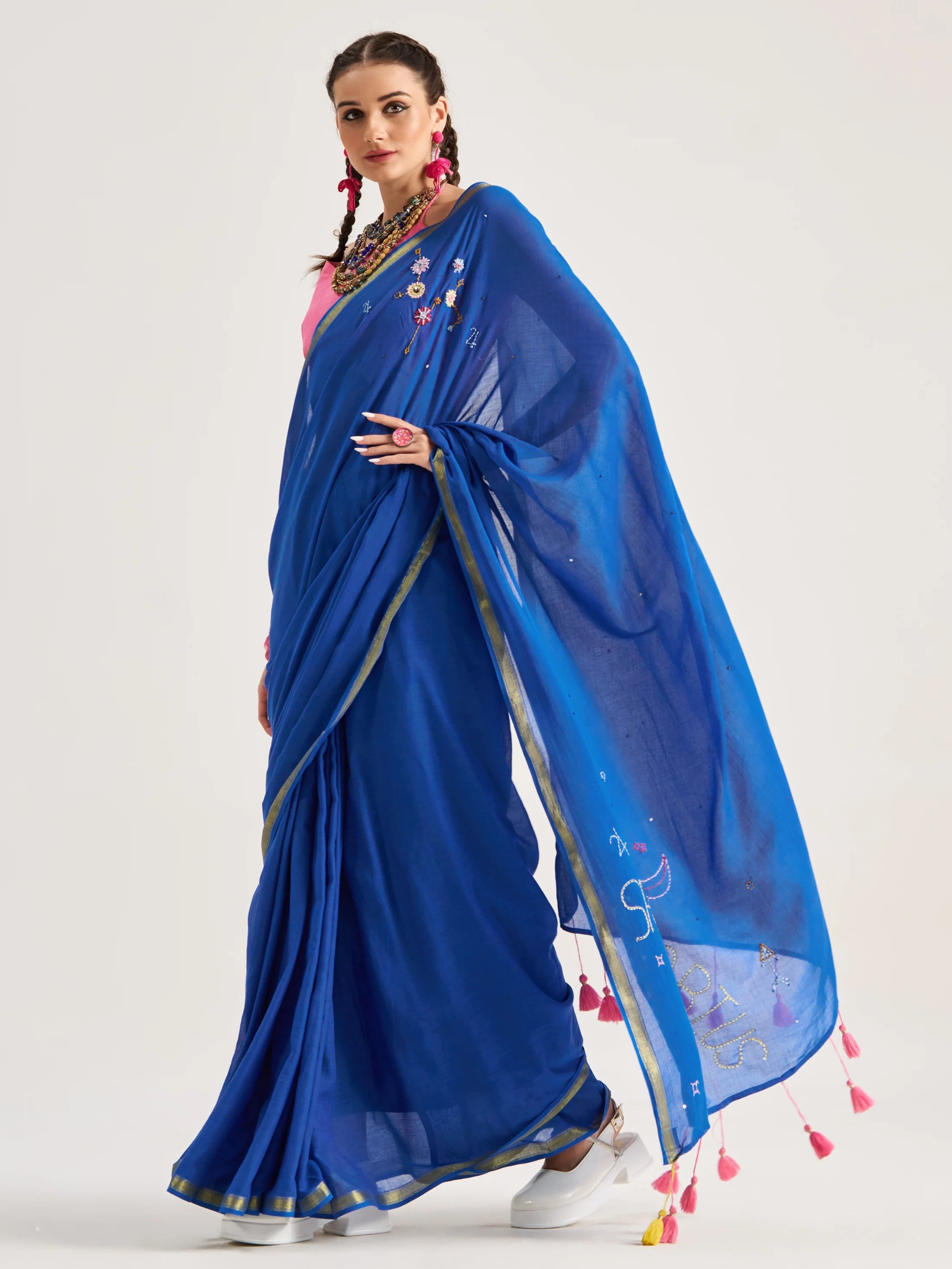 VISCOSE MUL SAGITTARIUS VEDIC ZODIAC HAND EMBROIDERED SAREE