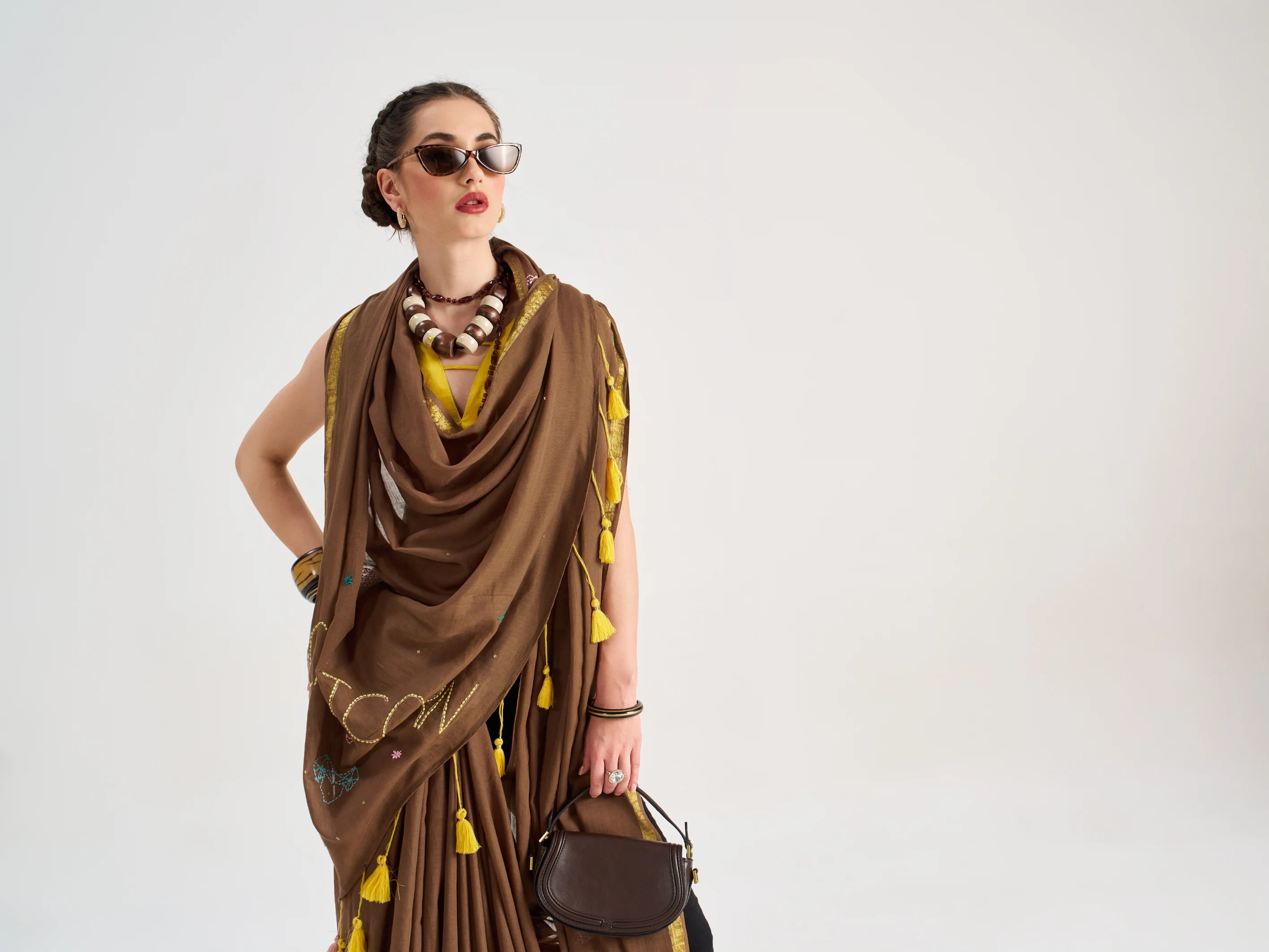 VISCOSE MUL CAPRICORN VEDIC ZODIAC HAND EMBROIDERED SAREE WITH BLOUSE