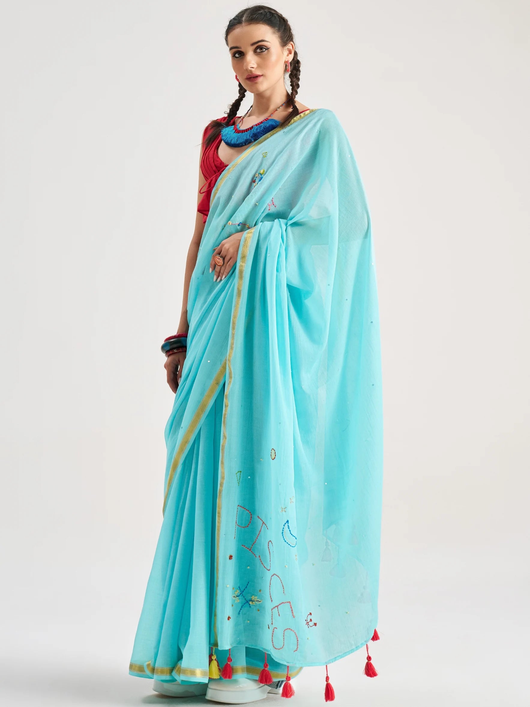 VISCOSE MUL PISCES VEDIC ZODIAC HAND EMBROIDERED SAREE