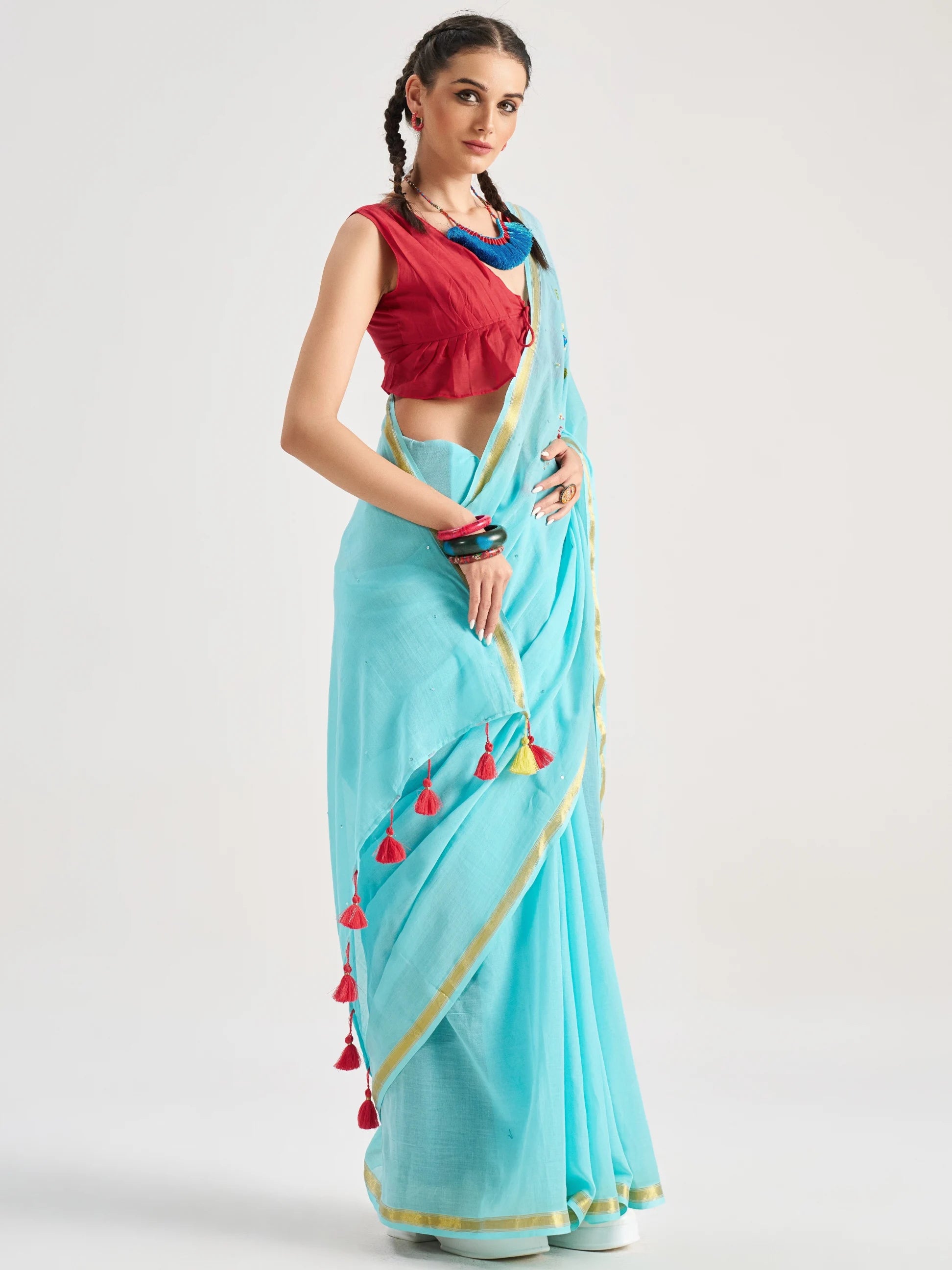 VISCOSE MUL PISCES VEDIC ZODIAC HAND EMBROIDERED SAREE