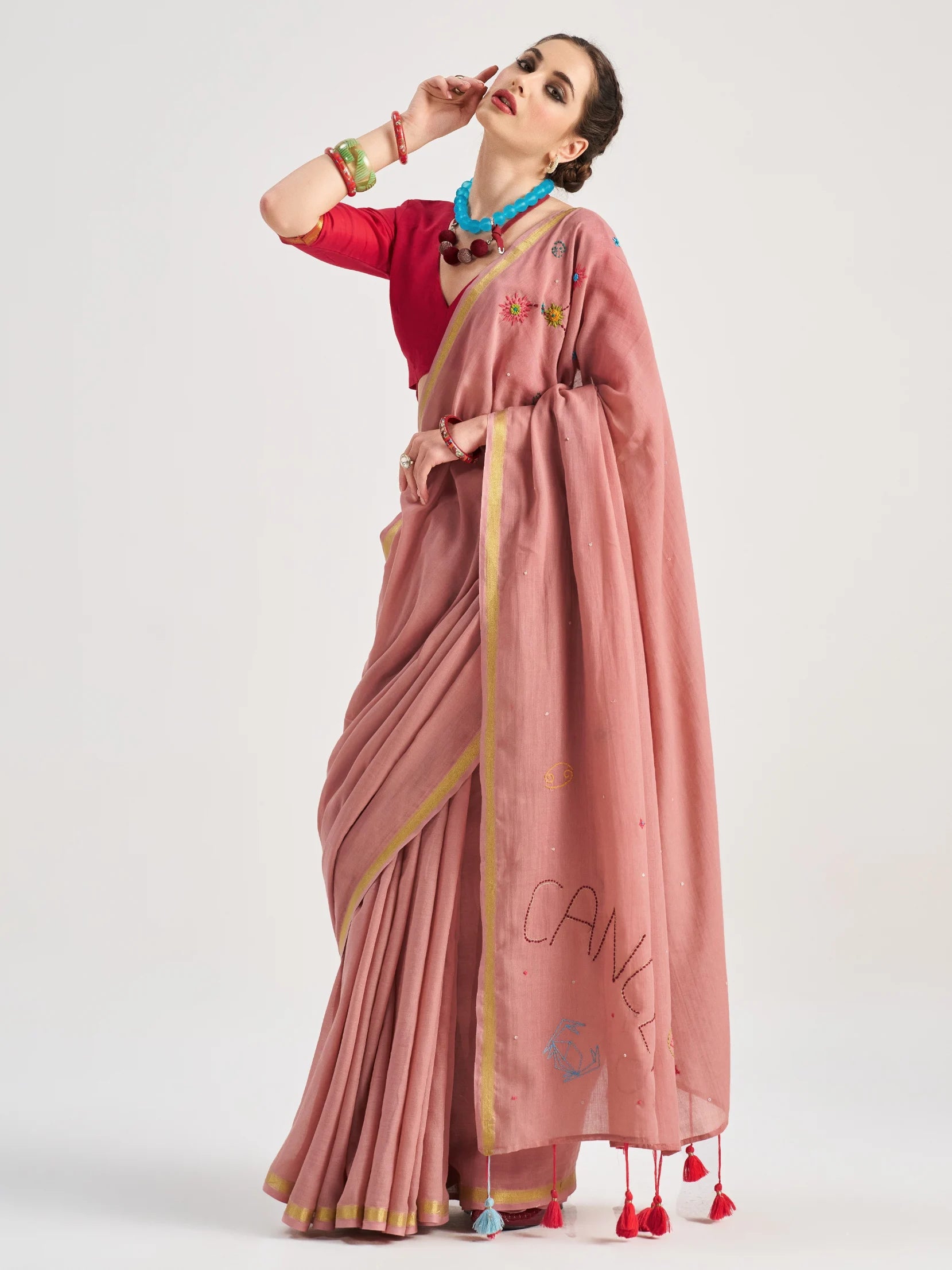 VISCOSE MUL CANCER VEDIC ZODIAC HAND EMBROIDERED SAREE WITH BLOUSE